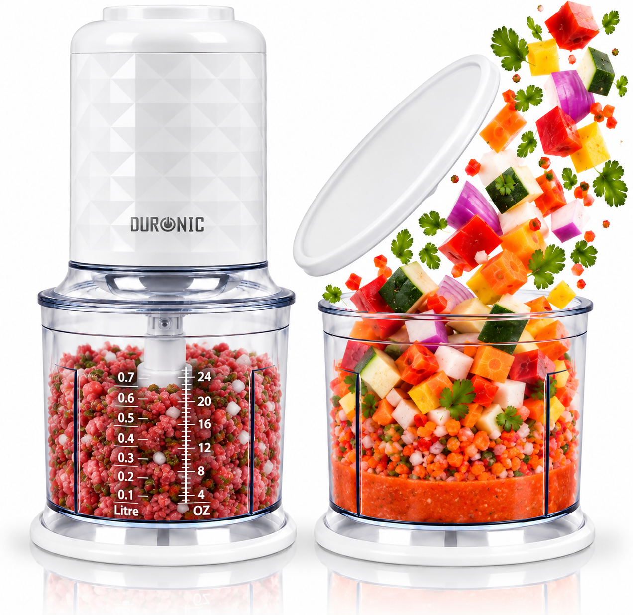 Duronic CH57 WE Mini Tritatutto 500W con 2 Ciotole 700 ml con Coperchio, Robot da Cucina Multifunzione per Verdure Frutta Carne Spezie, 4 Lame Acciaio Inox, Funzione Impulso, Preparazione Salse Bianco