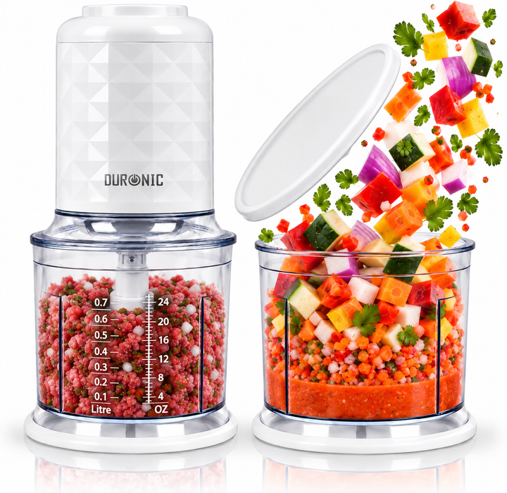 Duronic CH57 WE Mini Tritatutto 500W con 2 Ciotole 700 ml con Coperchio, Robot da Cucina Multifunzione per Verdure Frutta Carne Spezie, 4 Lame Acciaio Inox, Funzione Impulso, Preparazione Salse Bianco