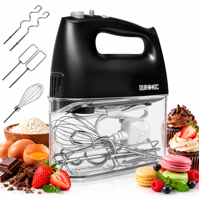 Duronic HM4 BK Sbattitore elettrico 400 W, Mixer 5 velocità e funzione turbo, Frusta elettrica con contenitore per accessori, 2 sbattitori 2 ganci e 1 frusta in acciaio INOX, Nero, Leggero