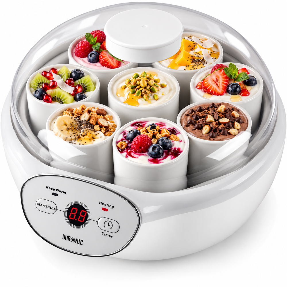 Duronic YM2 Yogurtiera elettrica automatica  8 vasetti in ceramica da 125 ml - Macchina per yogurt con display digitale timer impostabile - Ideale per preparare yogurt fatti in casa