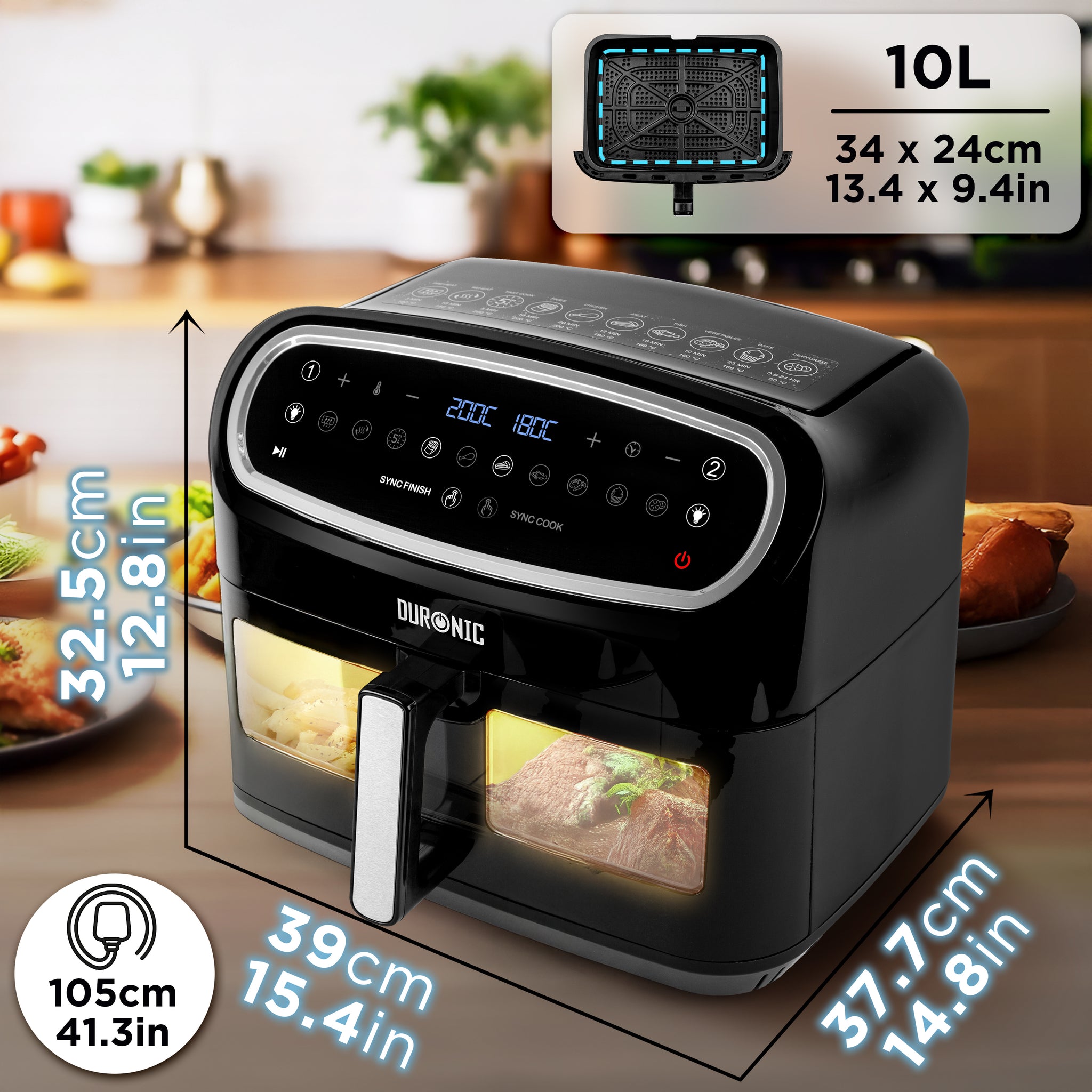 Duronic AF14 BK Dimensioni dettagliate della friggitrice ad aria con capacità di 10 L.