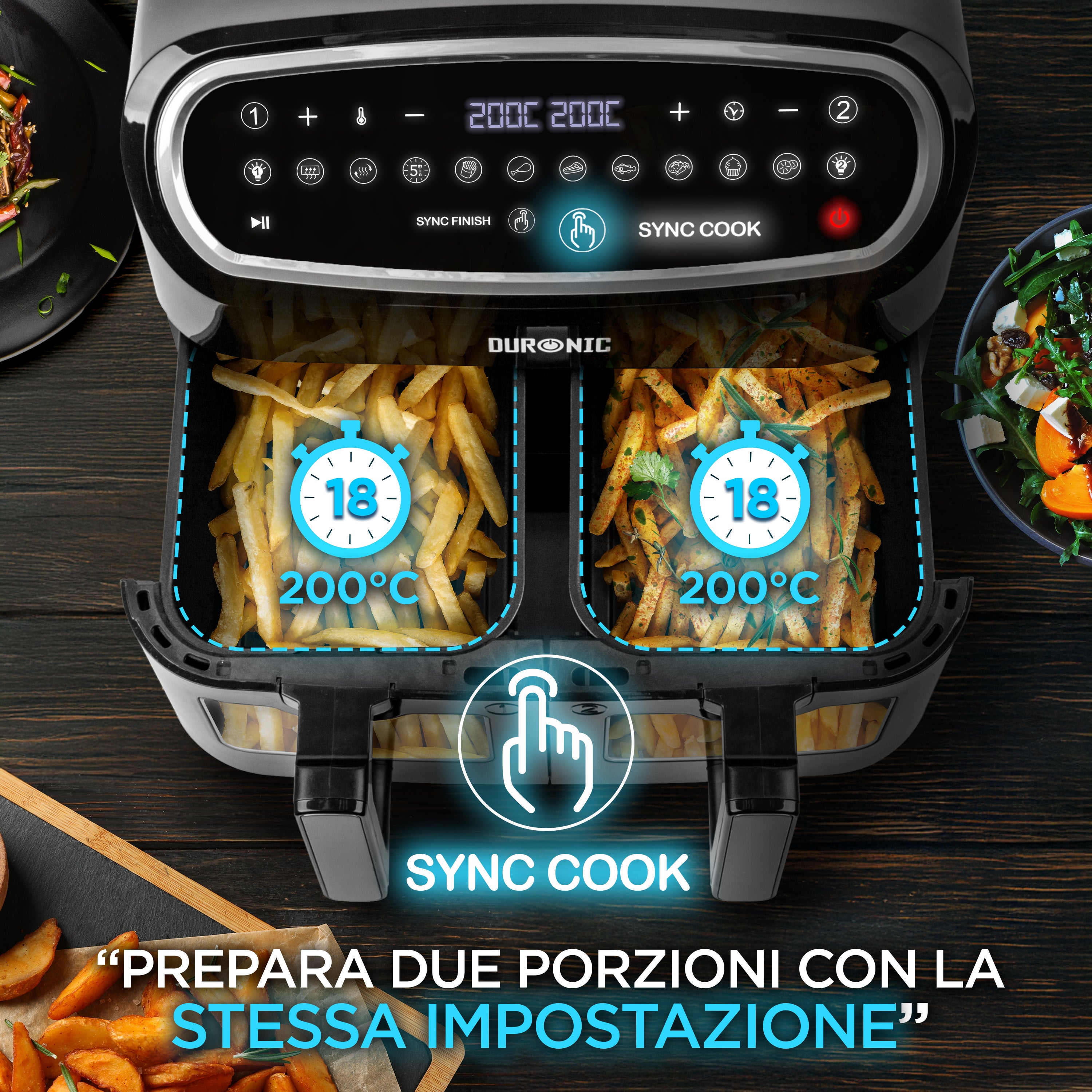Duronic AF24 Funzione Sync Cook per cuocere entrambi i cestelli con le stesse impostazioni.