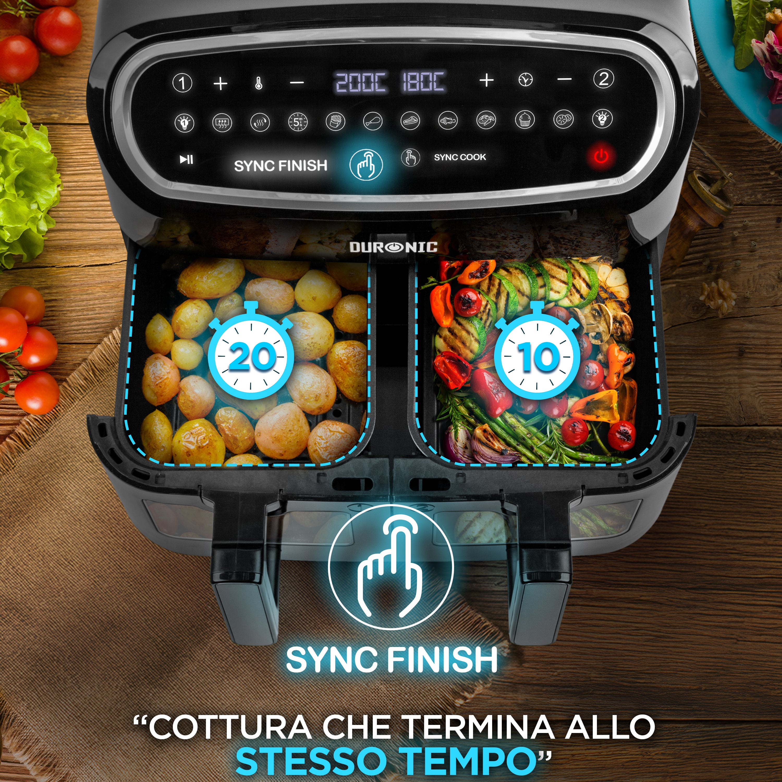 Duronic AF24 Funzione Sync Finish per completare due cotture diverse nello stesso momento.