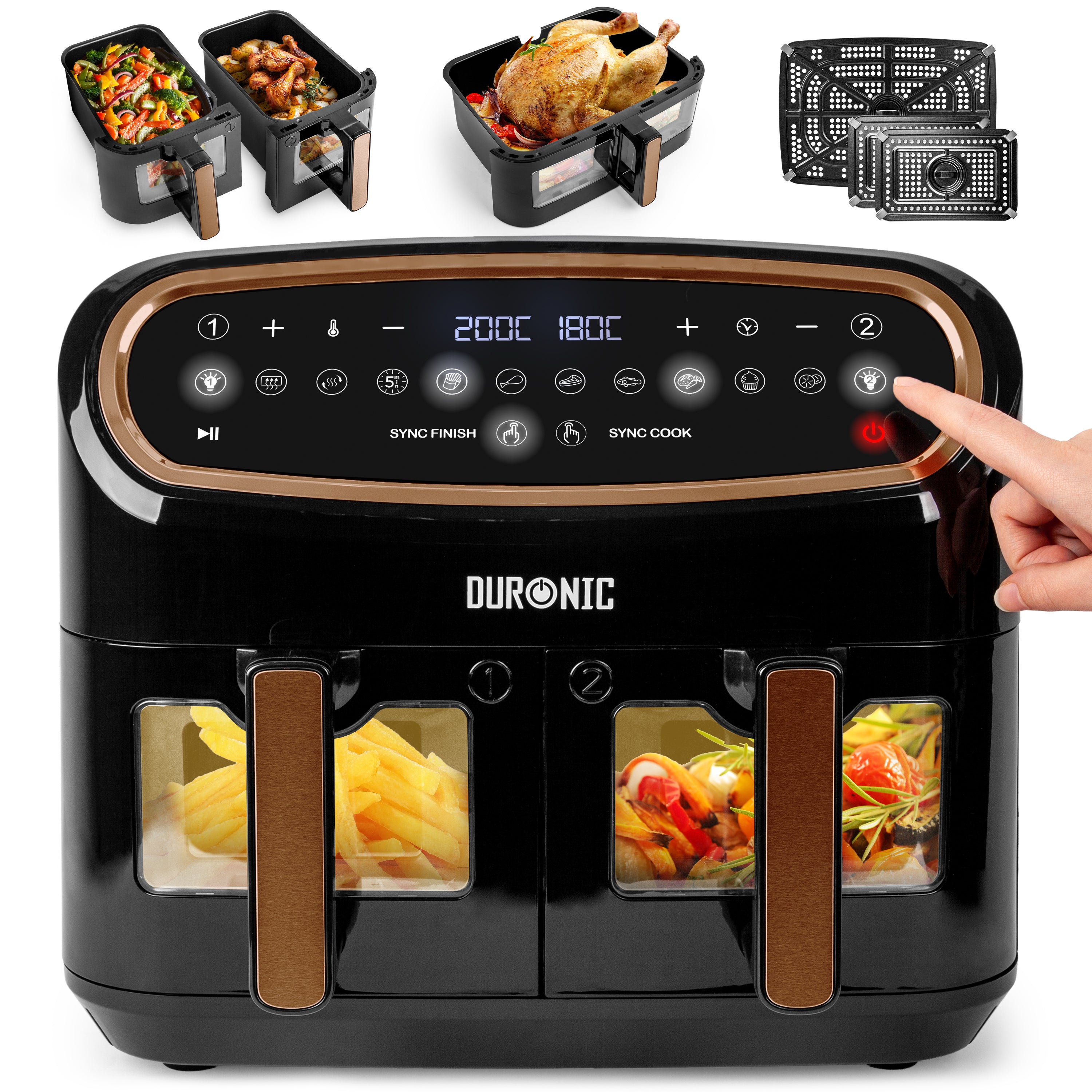 Duronic AF34 BG Friggitrice ad aria da 2400 W con capacità totale di 10 L, doppio cestello e finestra di controllo.