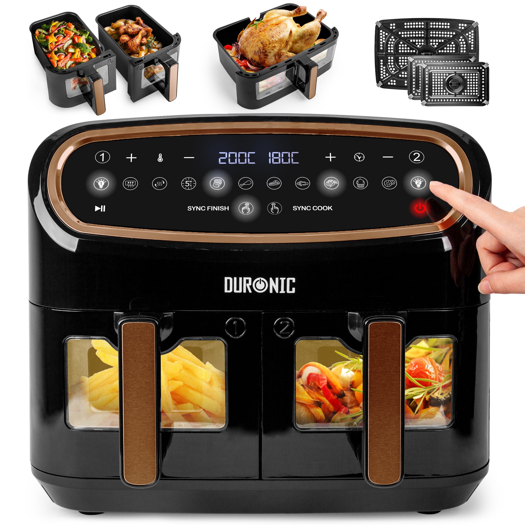 Duronic AF34 BG Friggitrice ad aria da 2400 W con capacità totale di 10 L, doppio cestello e finestra di controllo.