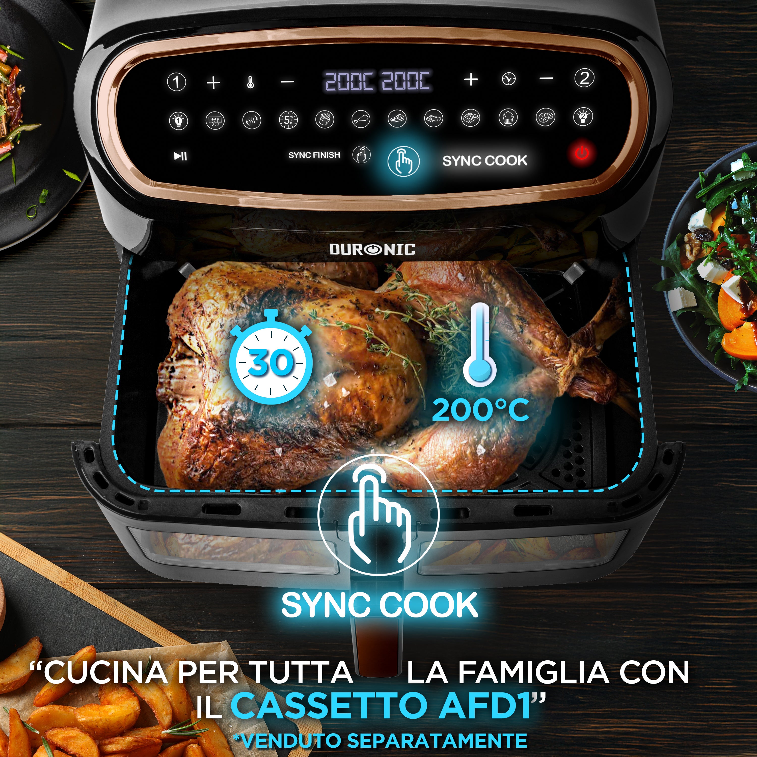 Duronic AF34 BG Funzione Sync Cook per cuocere entrambi i cestelli con le stesse impostazioni.