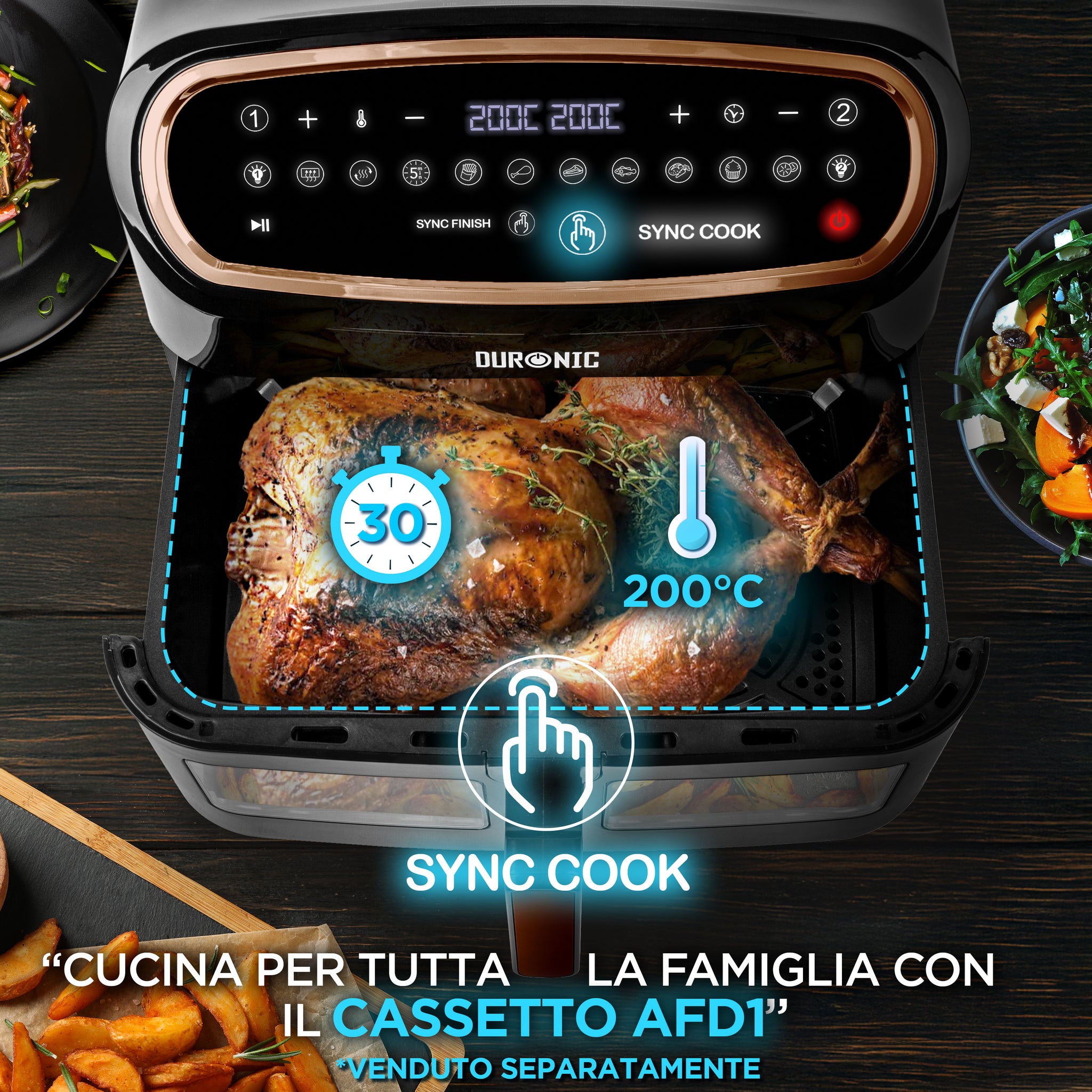 Duronic AF34 BG Funzione Sync Cook per cuocere entrambi i cestelli con le stesse impostazioni.