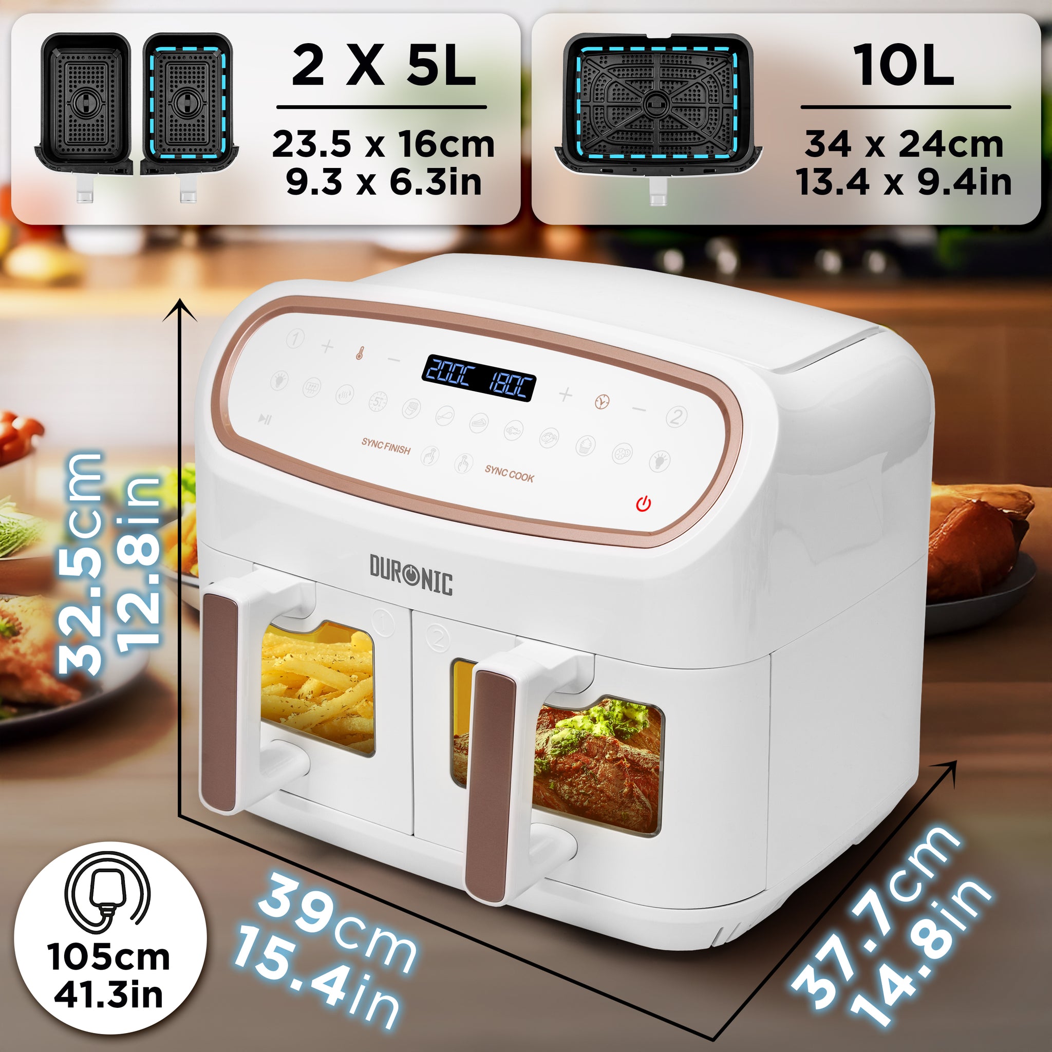 Duronic AF34 WE Dimensioni della friggitrice ad aria XXL con capacità totale di 10 L e doppio cestello.