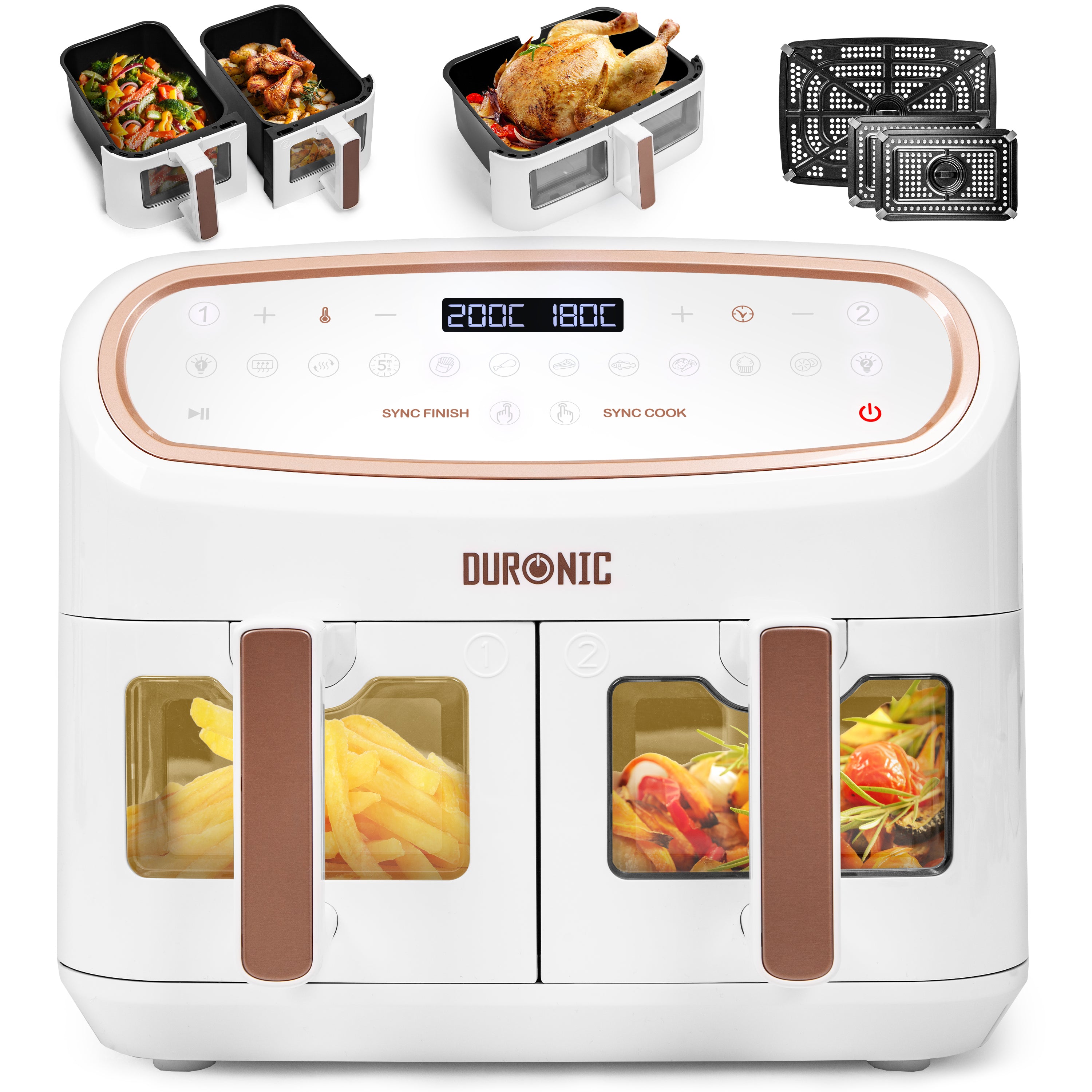 Duronic AF34 WE Friggitrice ad aria da 2400 W con capacità di 10 L, doppio cestello e finestra di controllo.
