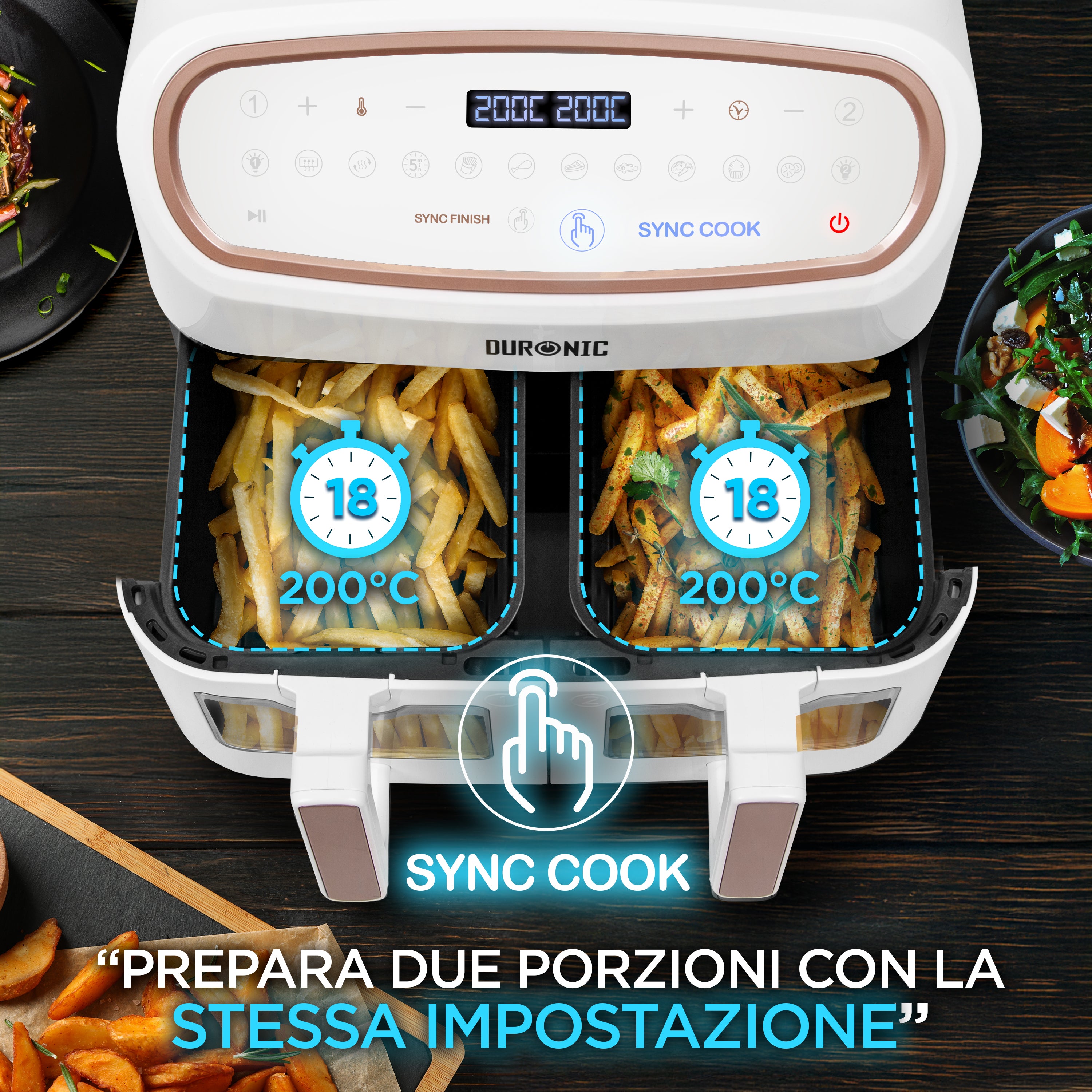 Duronic AF34 WE Funzione Sync Cook per cuocere due cestelli con le stesse impostazioni contemporaneamente.