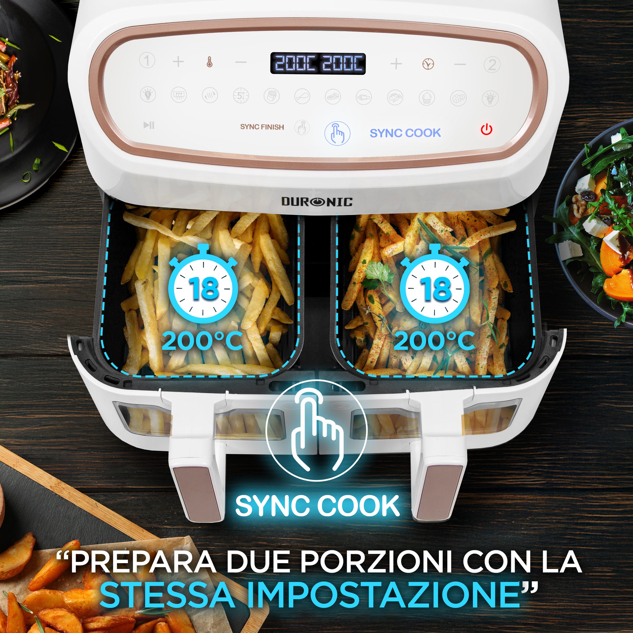 Duronic AF34 WE Funzione Sync Cook per cuocere due cestelli con le stesse impostazioni contemporaneamente.
