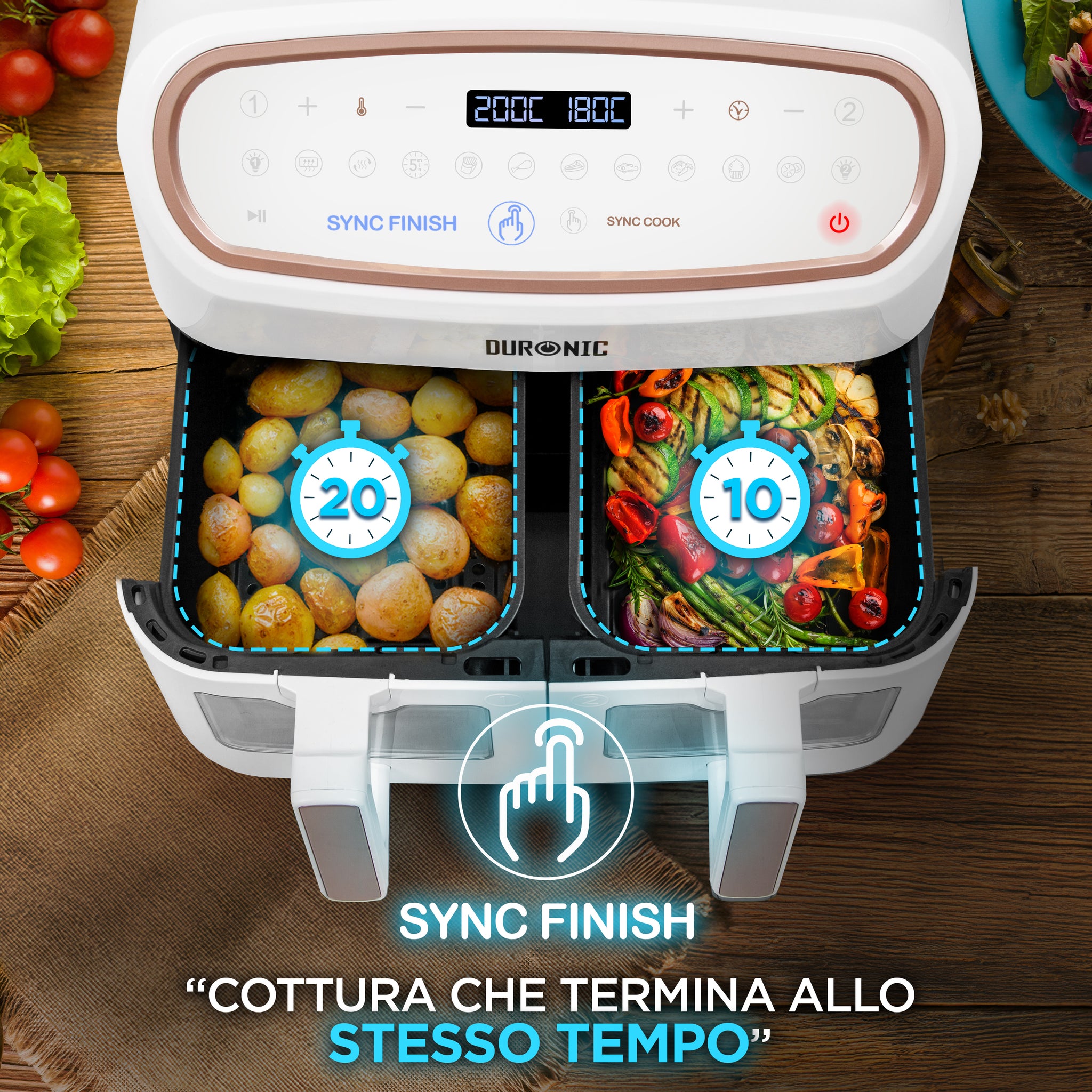 Duronic AF34 WE Funzione Sync Finish per terminare contemporaneamente la cottura in entrambi i cestelli.