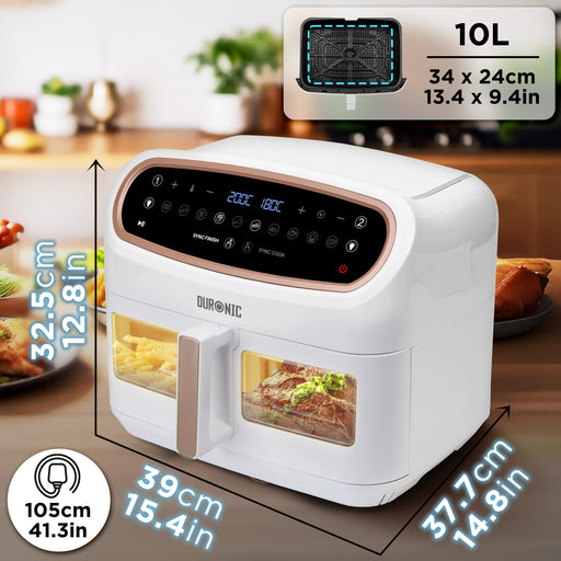 Duronic AF34 WG Dimensioni dettagliate della friggitrice ad aria con capacità totale di 10 L e doppio cestello.