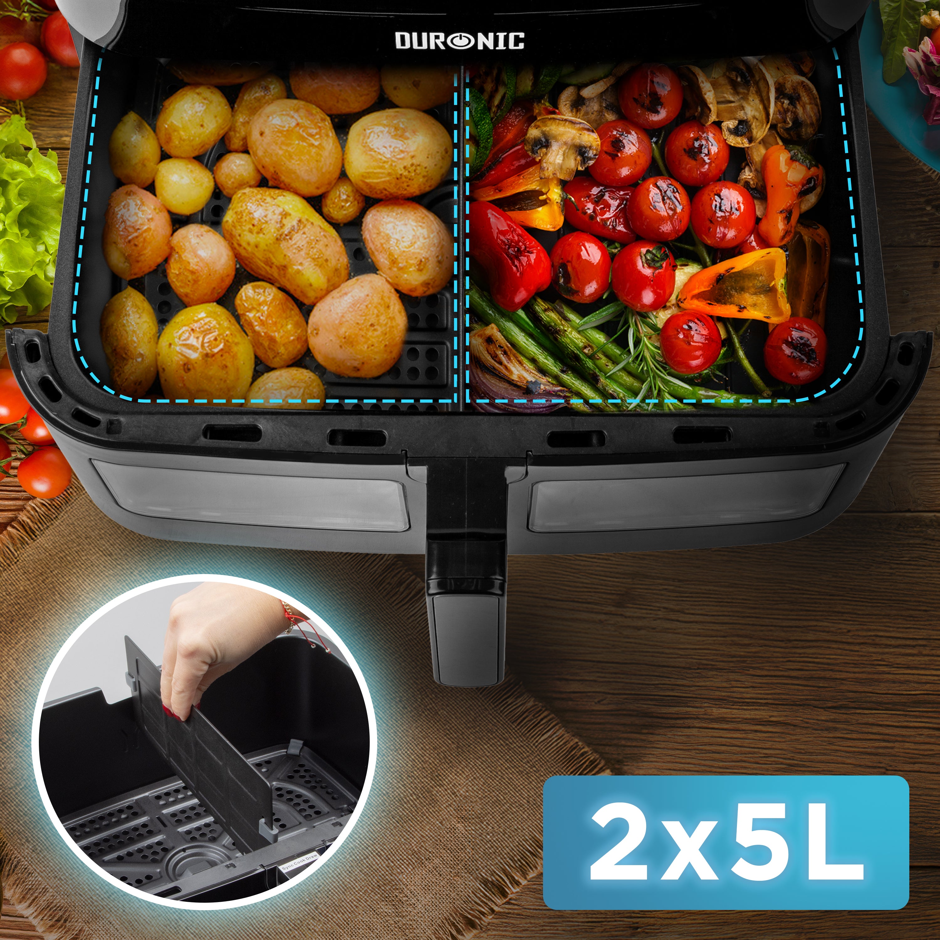Duronic AFD1 Cestello con divisore rimovibile per cucinare due alimenti contemporaneamente.