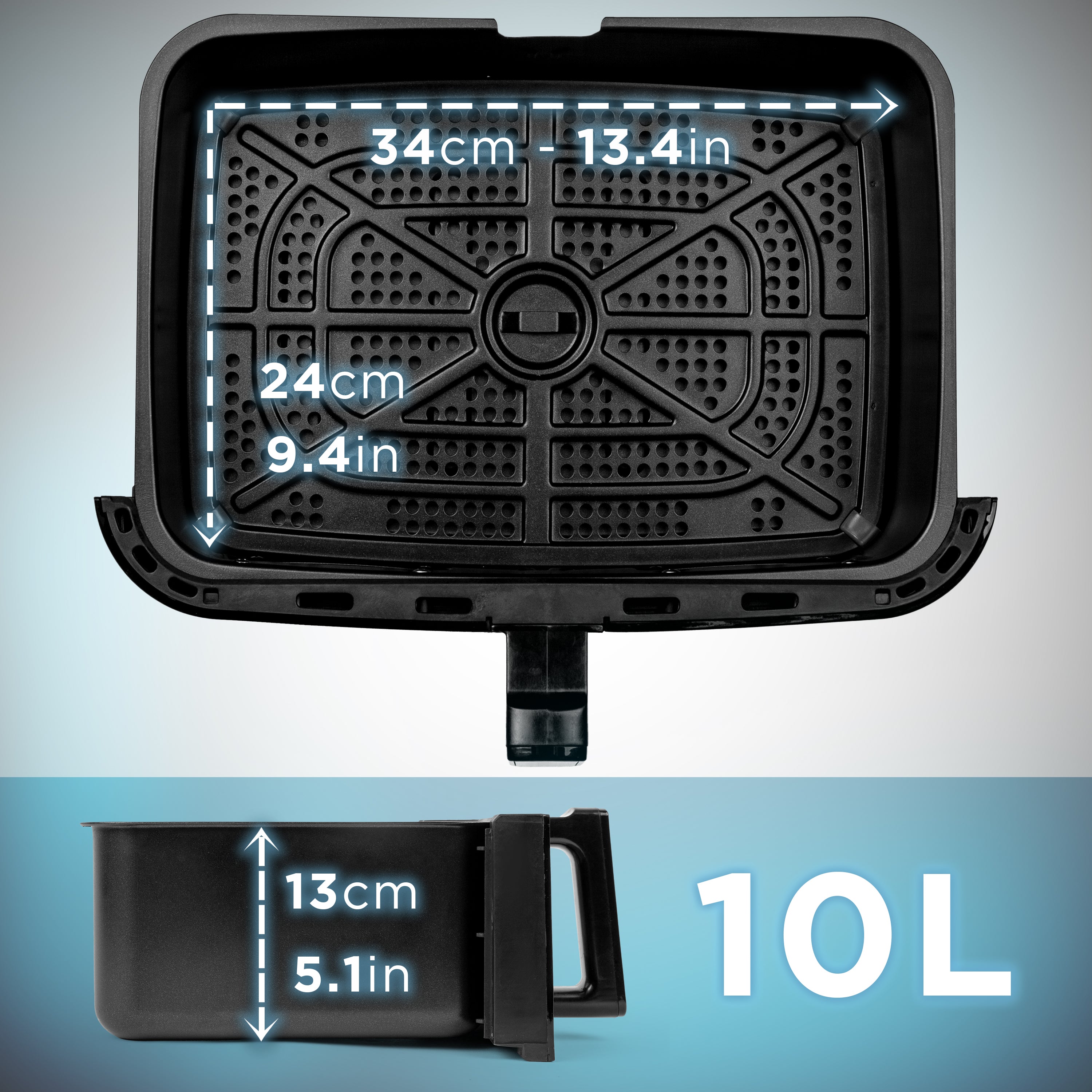 Duronic AFD1 Dimensioni dettagliate della friggitrice ad aria con ampio cestello e design compatto.