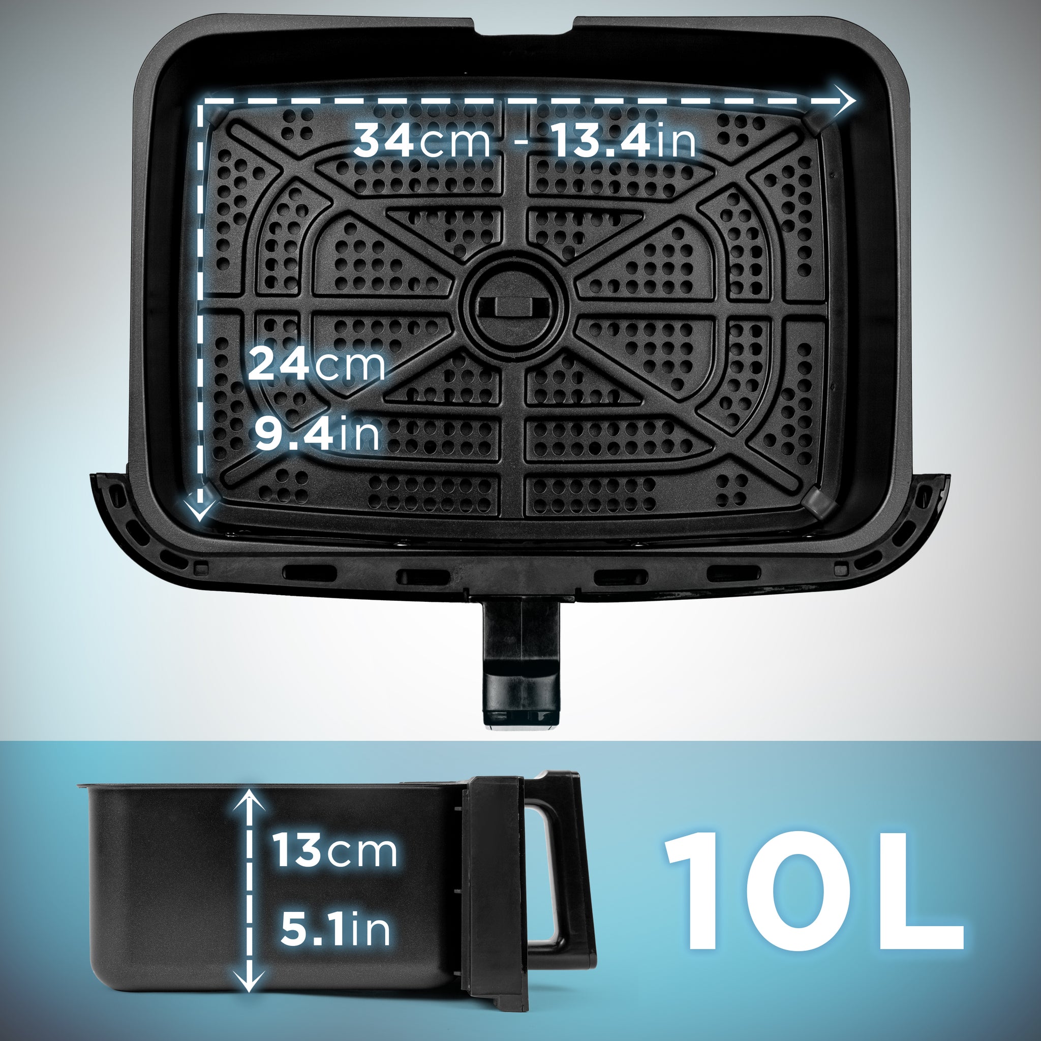 Duronic AFD1 Dimensioni dettagliate della friggitrice ad aria con ampio cestello e design compatto.