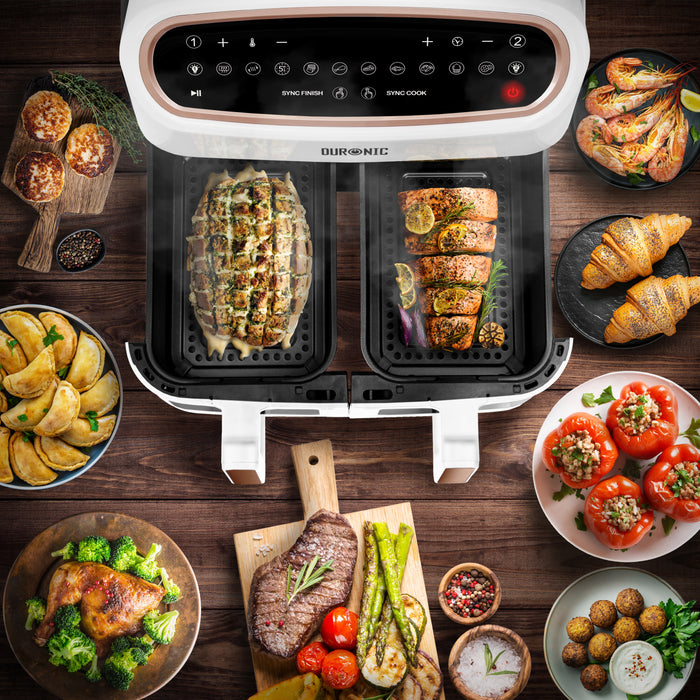 Duronic AFD2 WE Cassetti per Air Fryer adatti a carne, pesce, pizza, snack, verdure e prodotti da forno.
