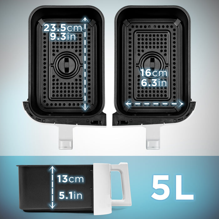 Duronic AFD2 WE Dimensioni dettagliate dei due cassetti da 5 L compatibili con le friggitrici ad aria Duronic.