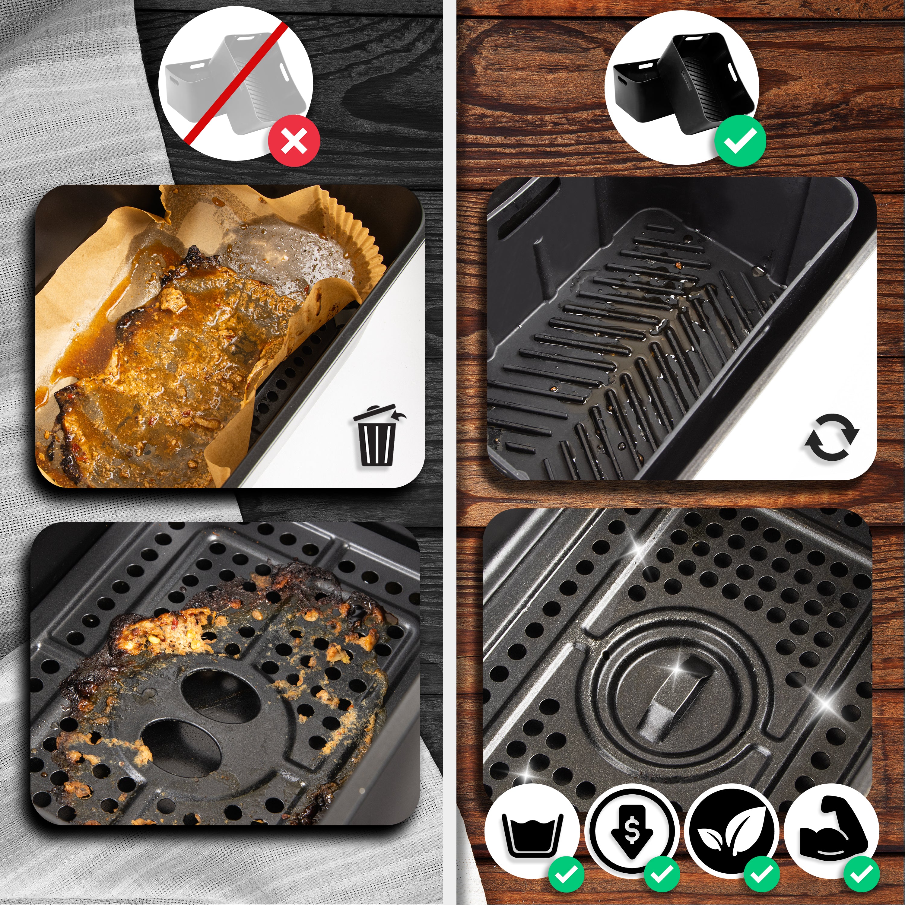 Duronic AFL1 Confronto tra tappetino riutilizzabile e carta da forno per friggitrice ad aria.