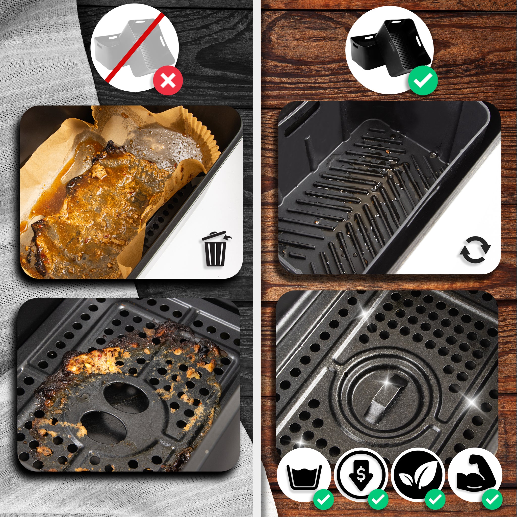 Duronic AFL1 Confronto tra tappetino riutilizzabile e carta da forno per friggitrice ad aria.