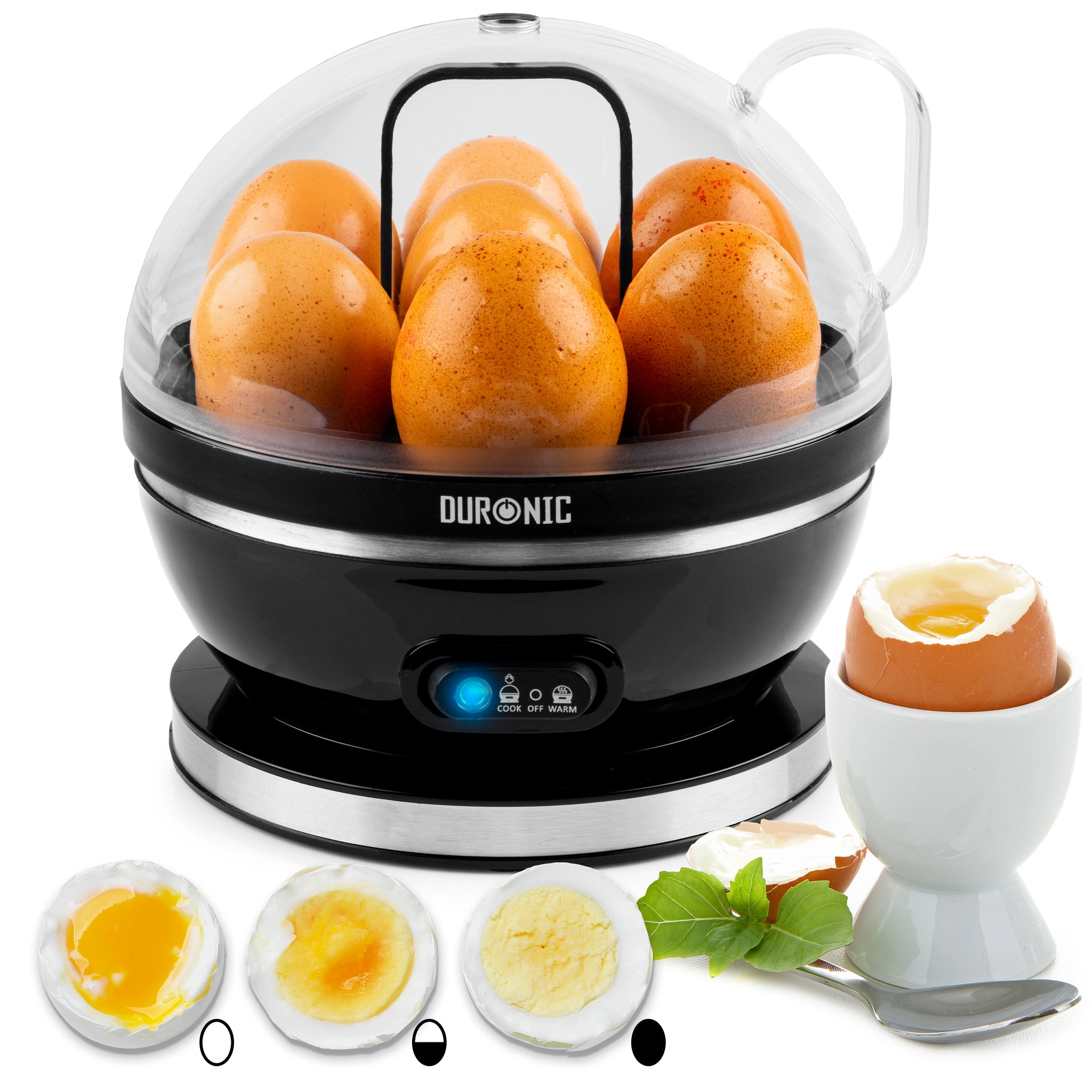 Duronic EB27 BK Cuociuova con diversi livelli di cottura: uova morbide, medie e ben sode.