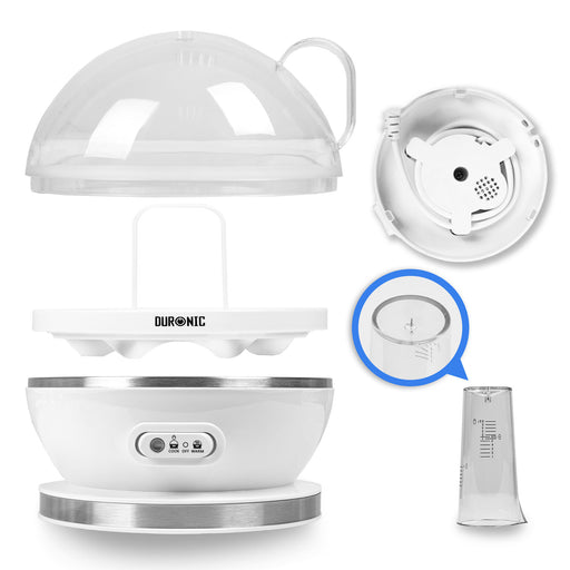 Duronic EB27 WE Componenti del cuociuova elettrico con coperchio, portauova, base riscaldante e misurino.