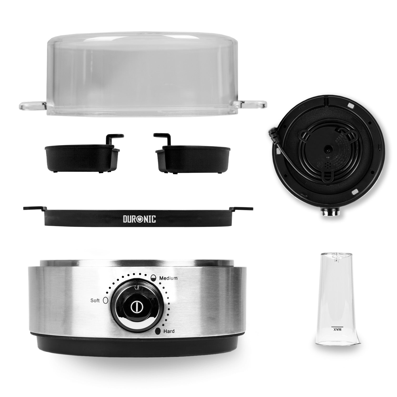 Duronic EB40 Componenti del cuociuova elettrico con coperchio, portauova e accessori inclusi.