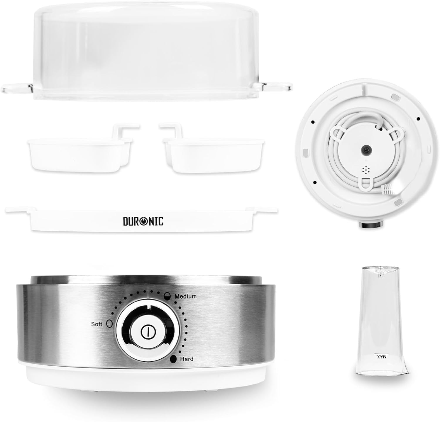 Duronic EB40 WE Componenti del cuociuova elettrico con coperchio, portauova e accessori inclusi.
