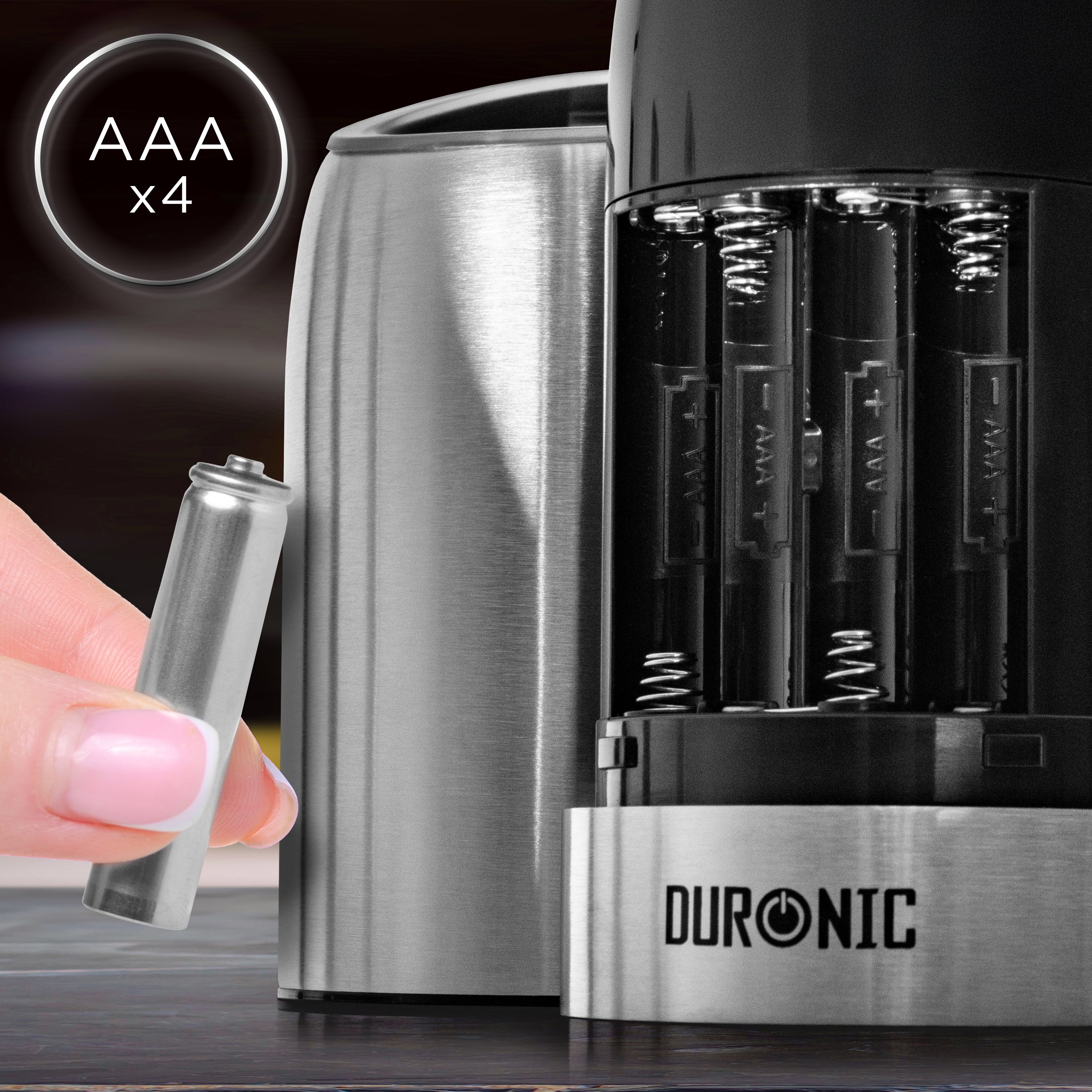 Duronic EMB2 Macina sale e pepe alimentato da 4 batterie AAA per un utilizzo senza fili.