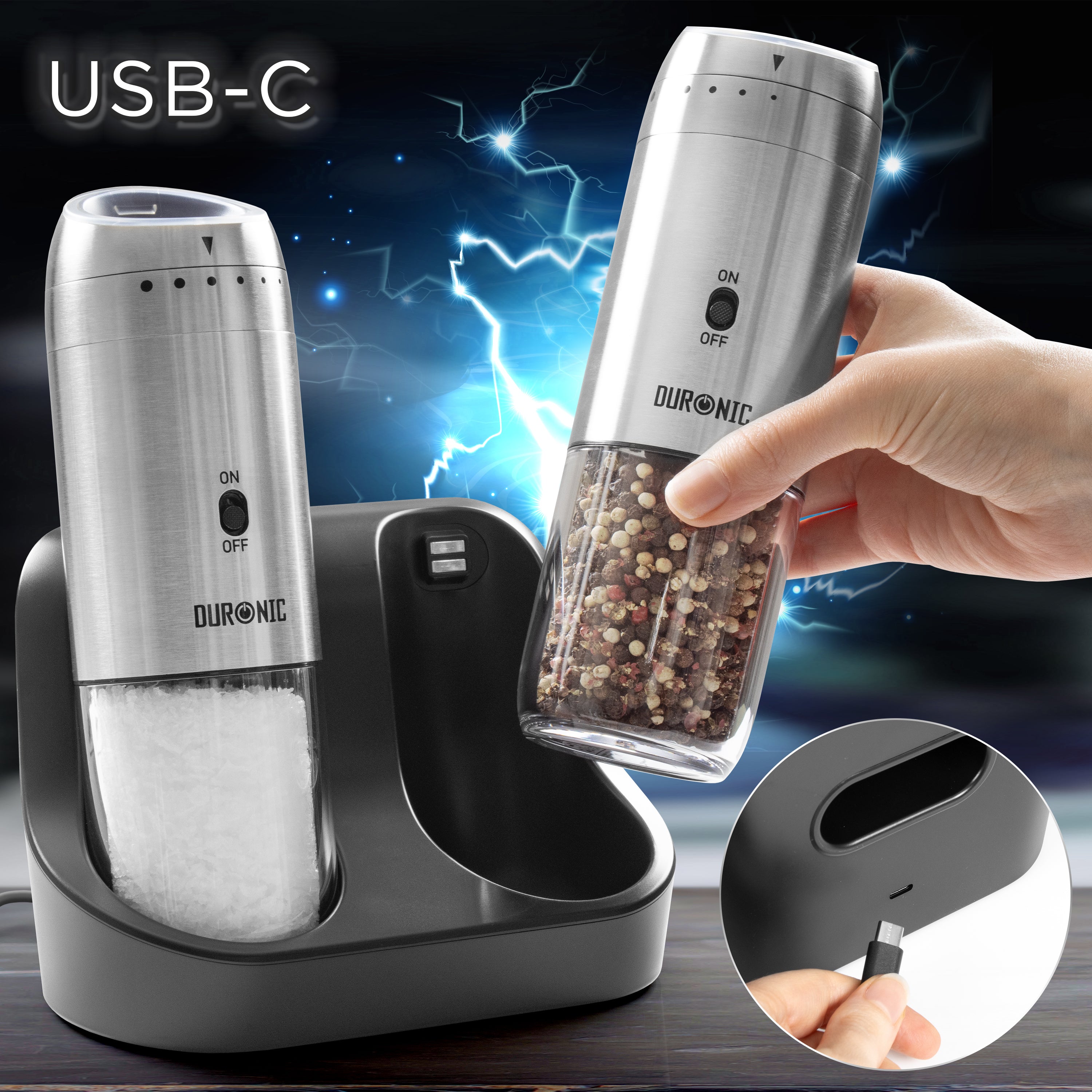Duronic EMU3 set da 2 macinini elettrici per sale e pepe con ricarica USB-C.