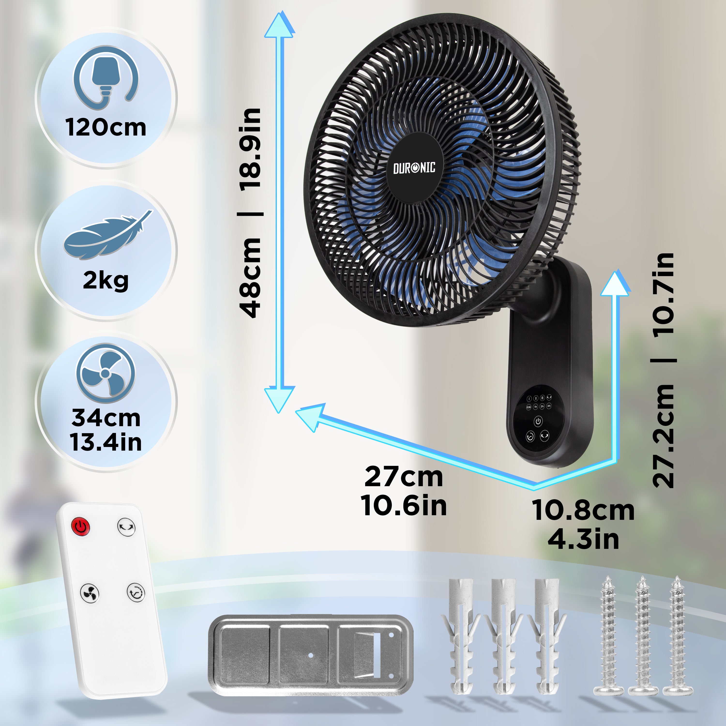 Duronic FN12 BK Ventilatore da parete con specifiche tecniche e accessori inclusi