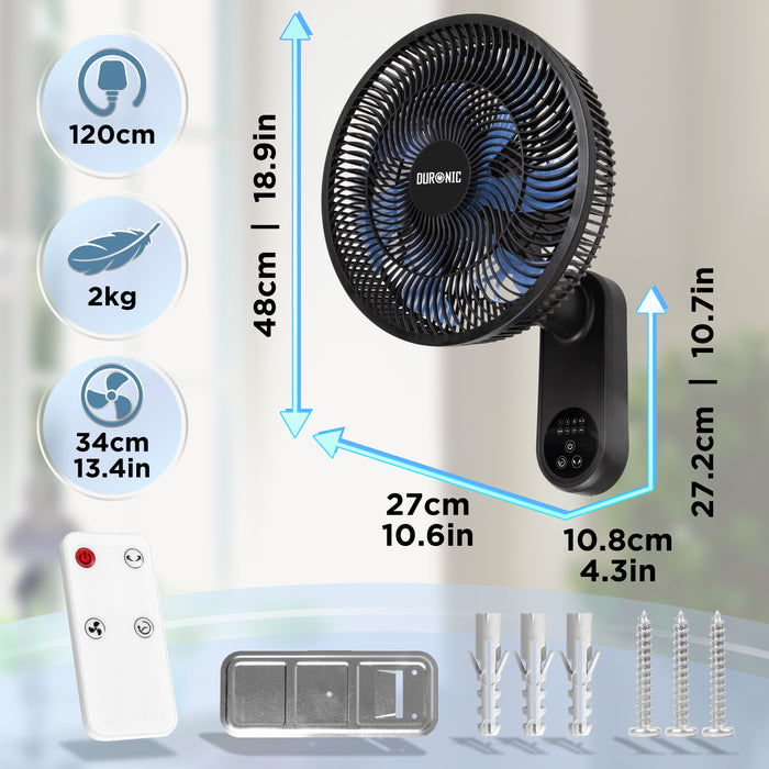 Duronic FN12 BK Ventilatore da parete con specifiche tecniche e accessori inclusi