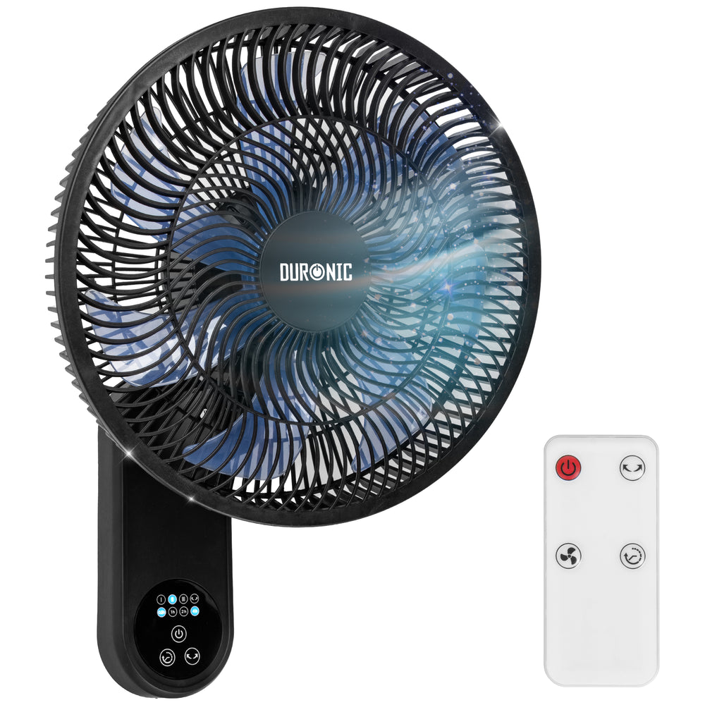 Duronic FN12 BK Ventilatore da parete in uso con telecomando bianco.