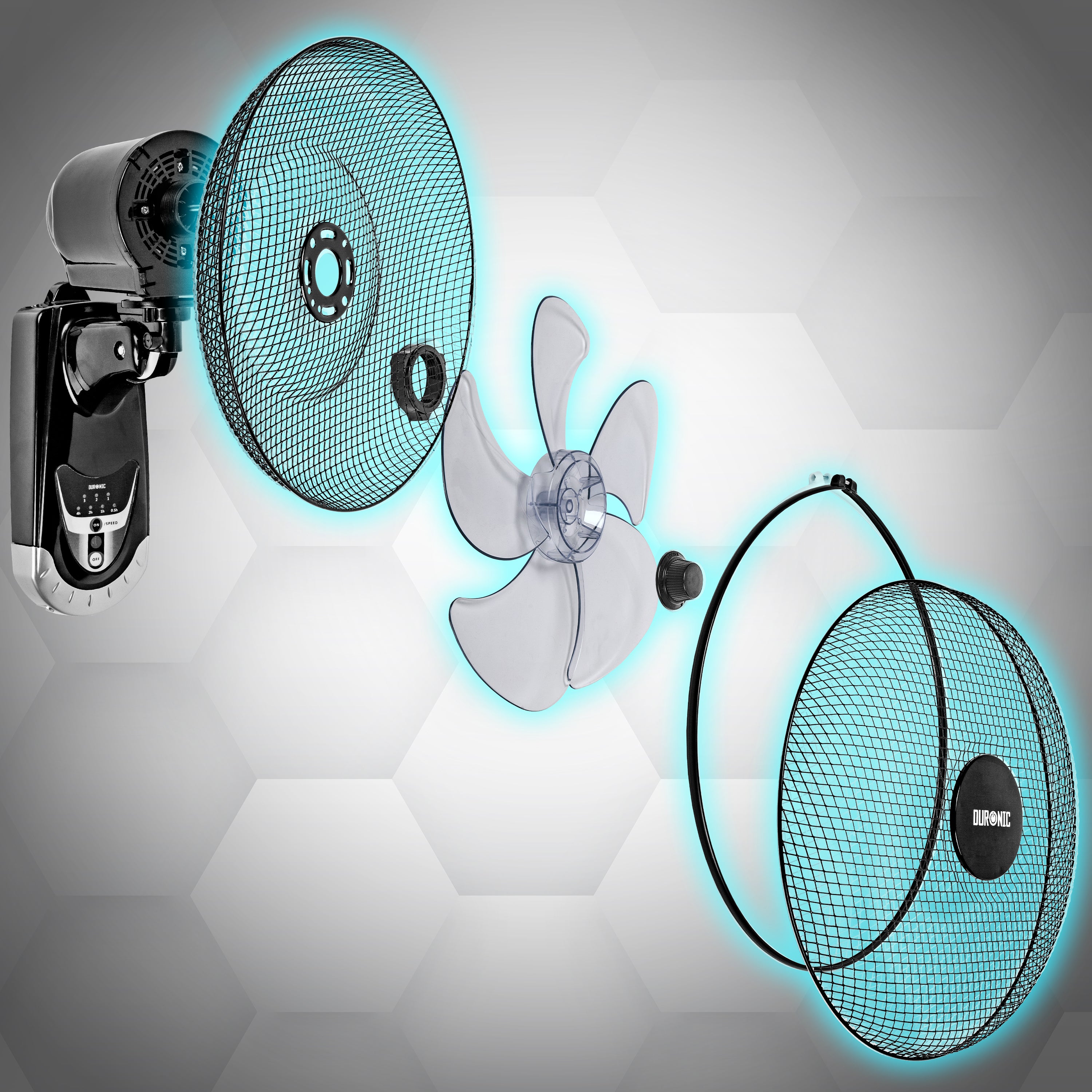 Duronic FN55 BK Parti incluse del ventilatore con pale, griglia e staffa di montaggio.