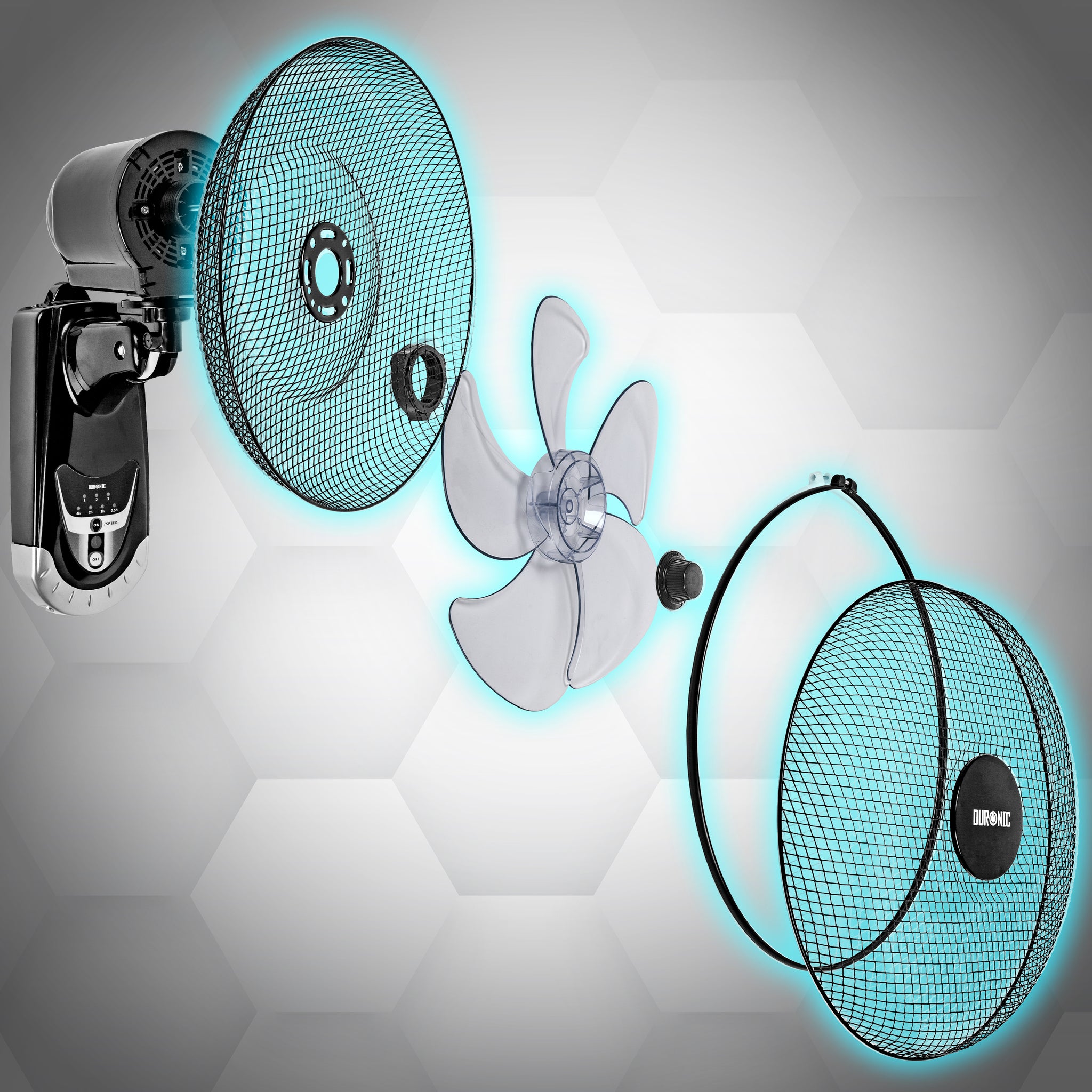 Duronic FN55 BK Parti incluse del ventilatore con pale, griglia e staffa di montaggio.