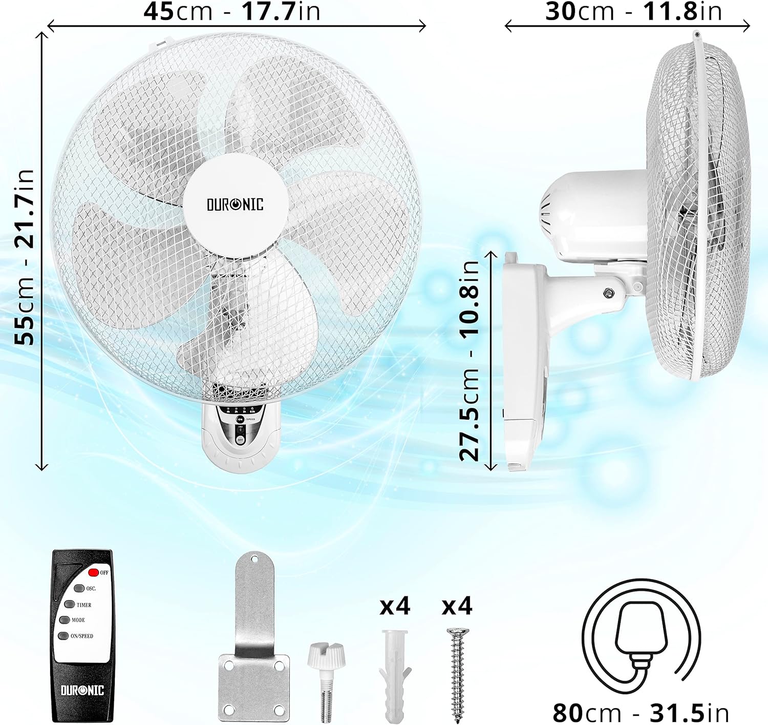 Duronic FN55 WE Dimensioni del ventilatore da parete con telecomando e accessori inclusi.