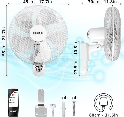 Duronic FN55 WE Dimensioni del ventilatore da parete con telecomando e accessori inclusi.