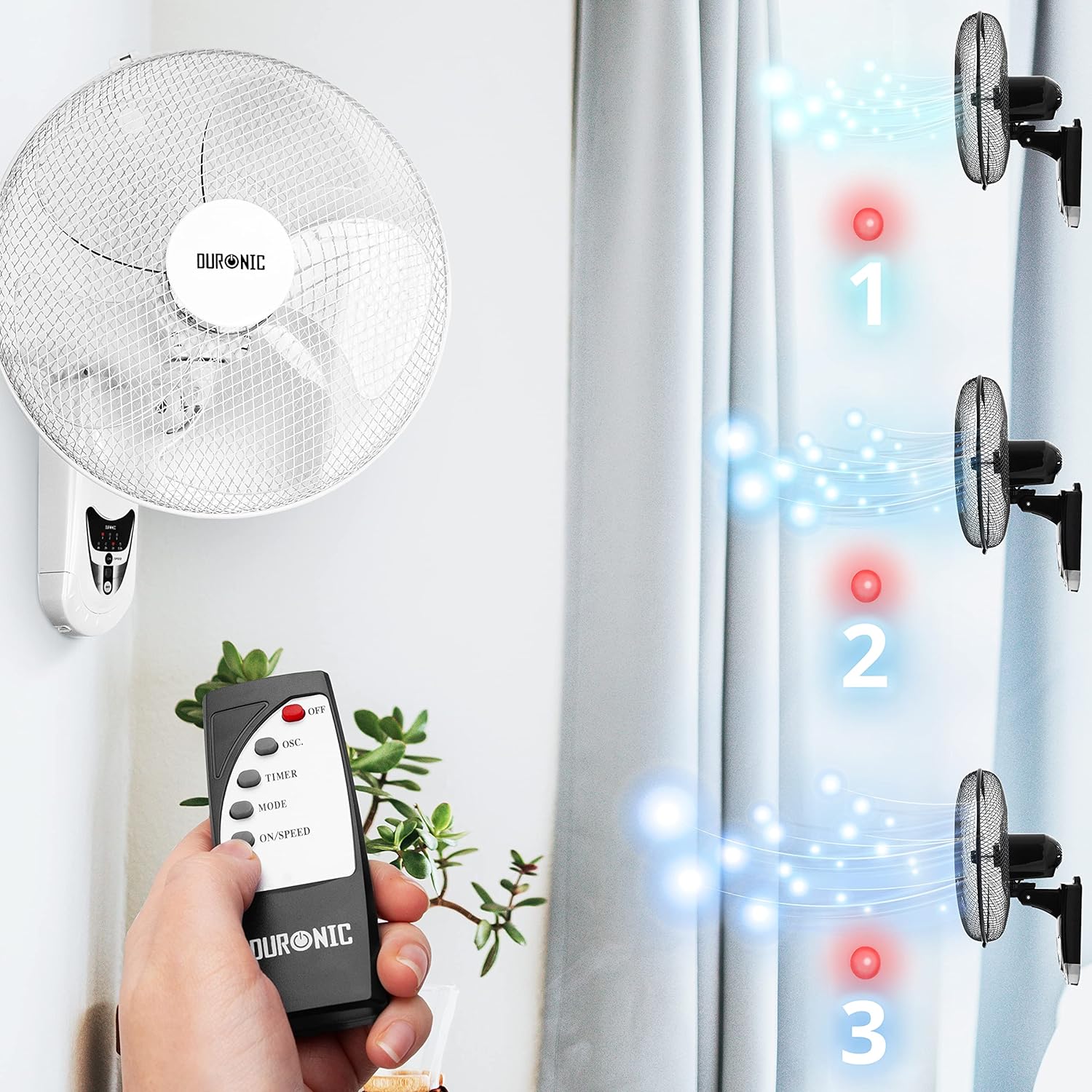 Duronic FN55 WE Ventilatore da parete con 3 velocità regolabili tramite telecomando.