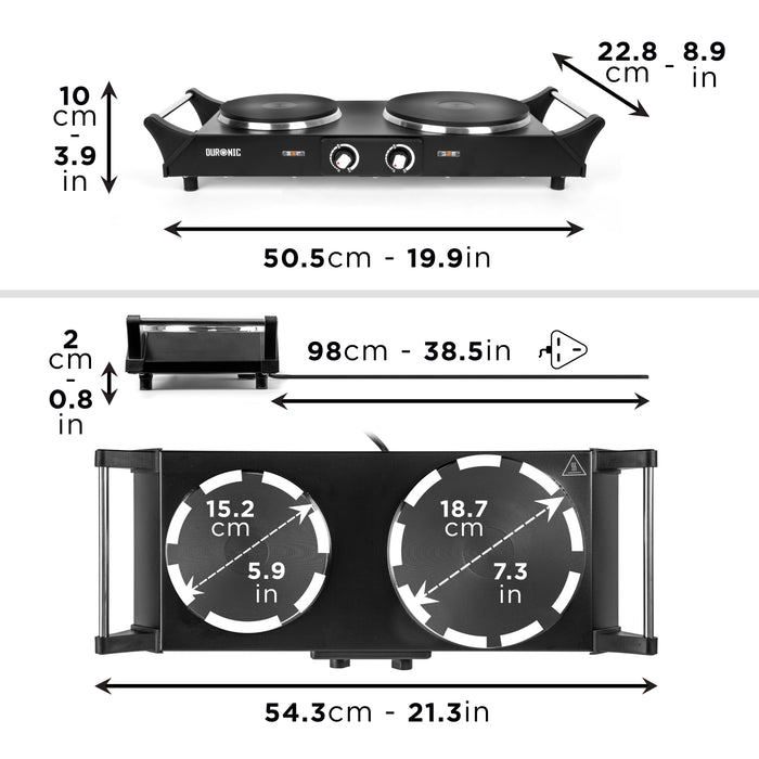 Duronic HP2 BK Misure dettagliate del piano cottura elettrico con doppia piastra in ghisa.
