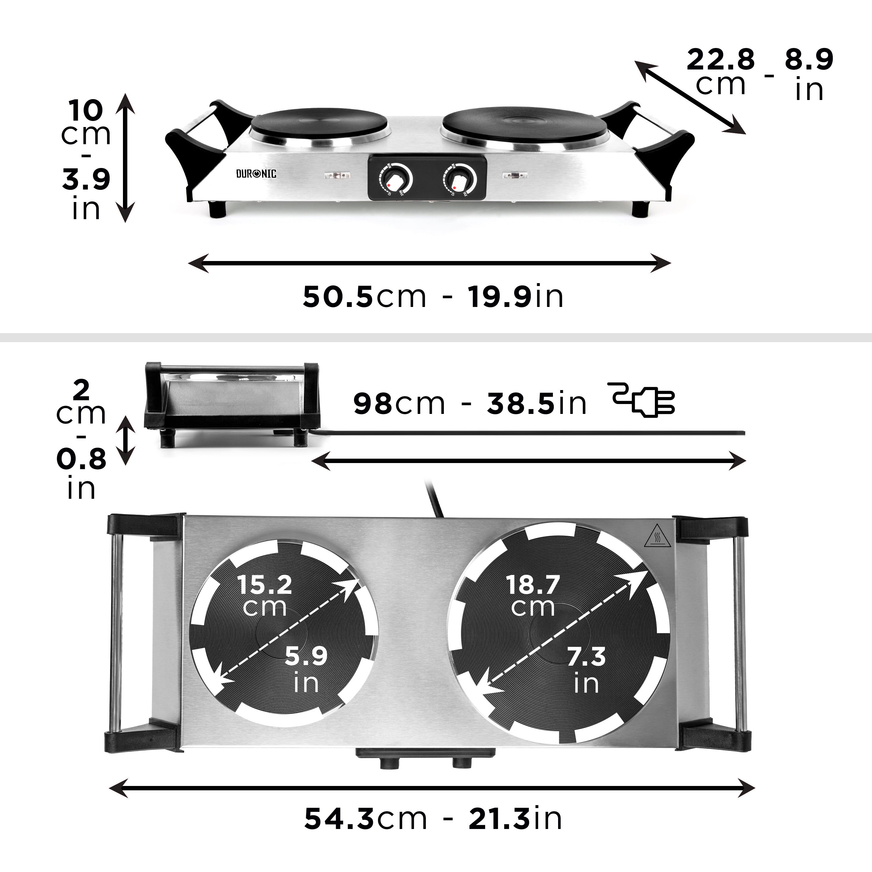 Duronic HP2 SS Misure complete del piano cottura elettrico con doppia piastra in ghisa.