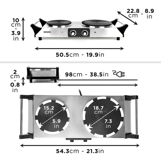 Duronic HP2 SS Misure complete del piano cottura elettrico con doppia piastra in ghisa.