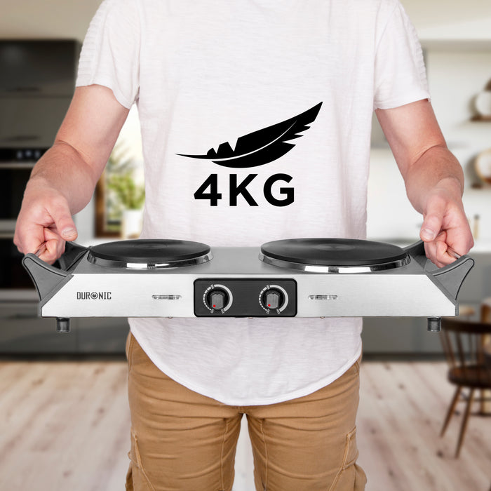 Duronic HP2 SS Piano cottura elettrico doppio dal peso di 4 kg, facile da trasportare.
