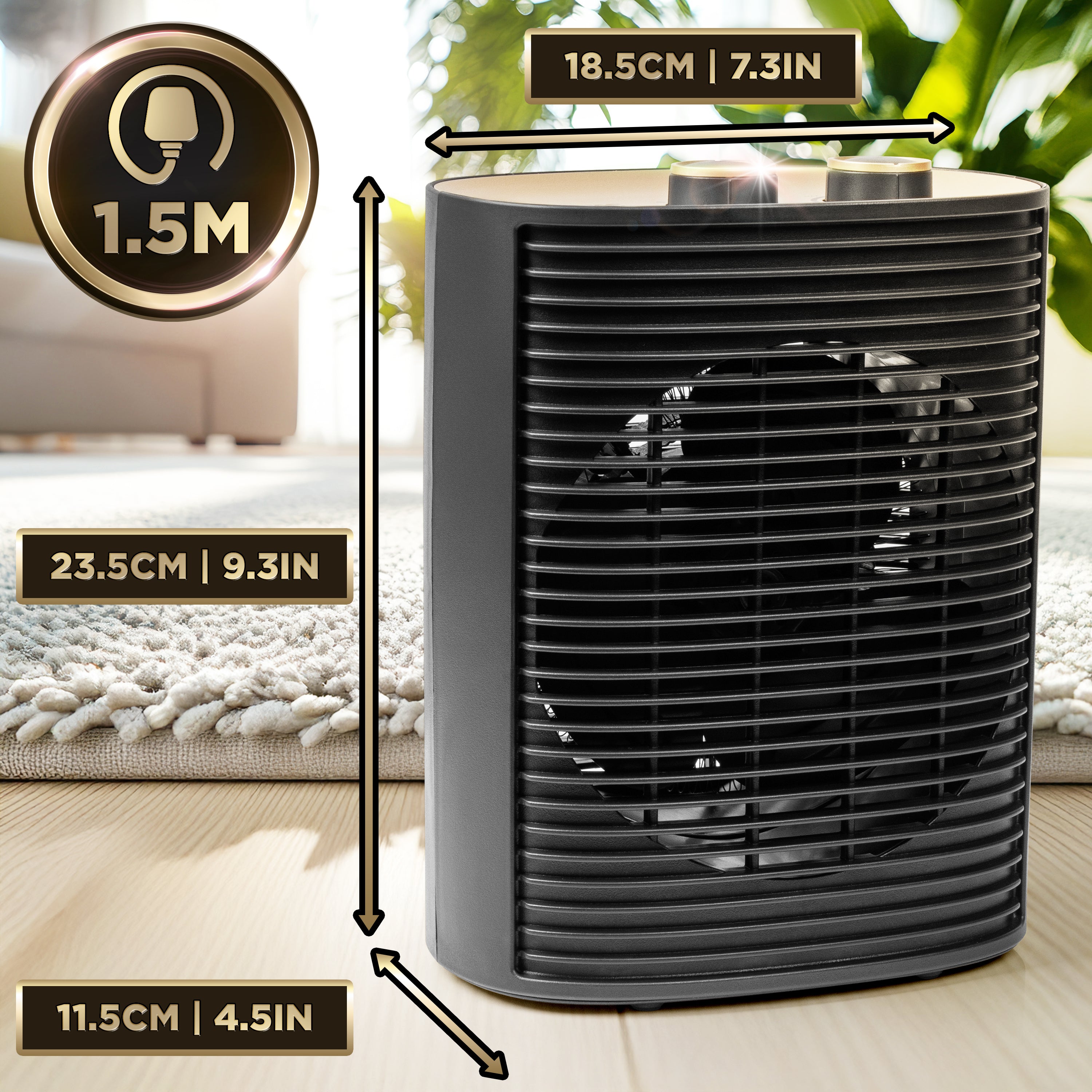 Duronic HV32 BK Stufetta elettrica compatta con dimensioni di 18,5 × 11,5 × 23,5 cm.
