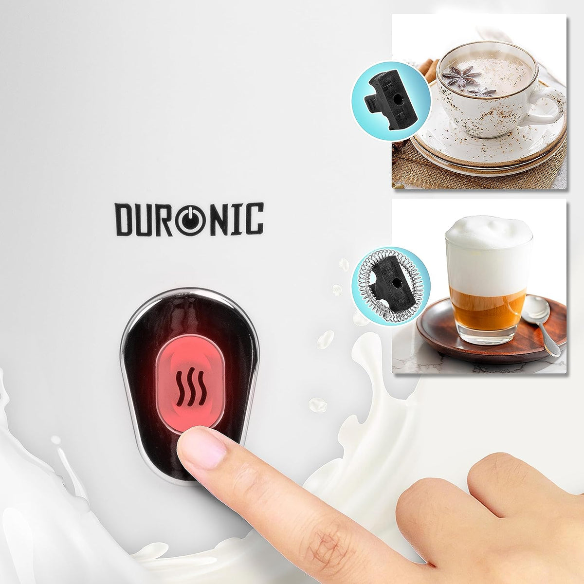 Duronic MF130 WE Montalatte Elettrico con 2 Fruste Incluse, una per Preparare una Schiuma di Latte Cremosa e l’altra per Riscaldare e Mescolare il Latte, Ideale per Cappuccino e Latte Macchiato.