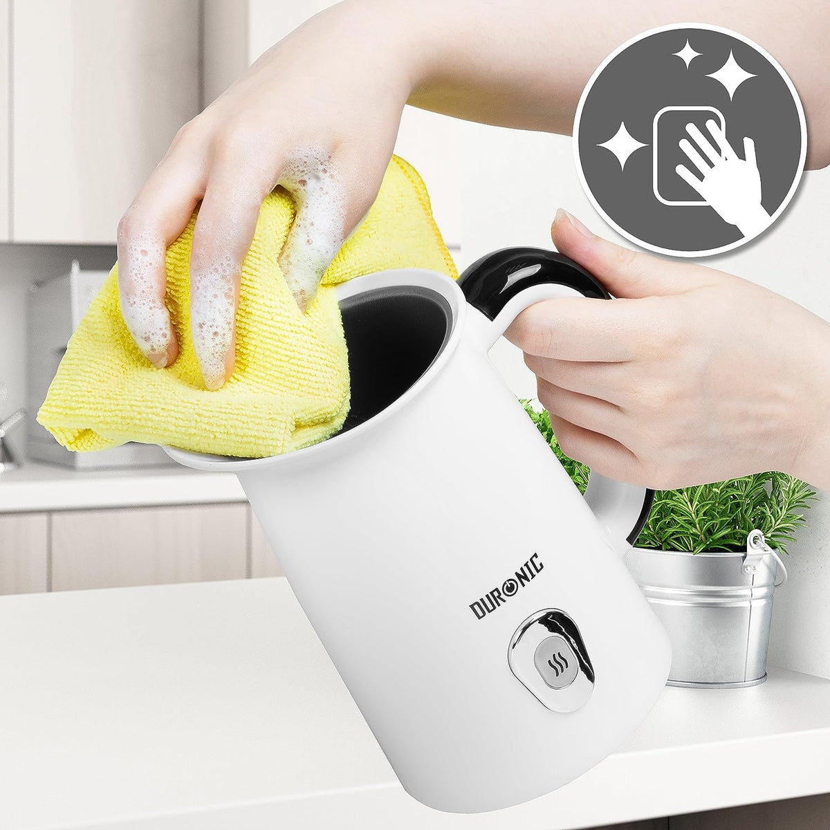 Duronic MF130 WE Montalatte Elettrico con Rivestimento Antiaderente, Facile da Pulire Dopo Ogni Utilizzo, Ideale per Preparare Latte Caldo e Schiuma Cremosa per Cappuccino e Latte Macchiato.