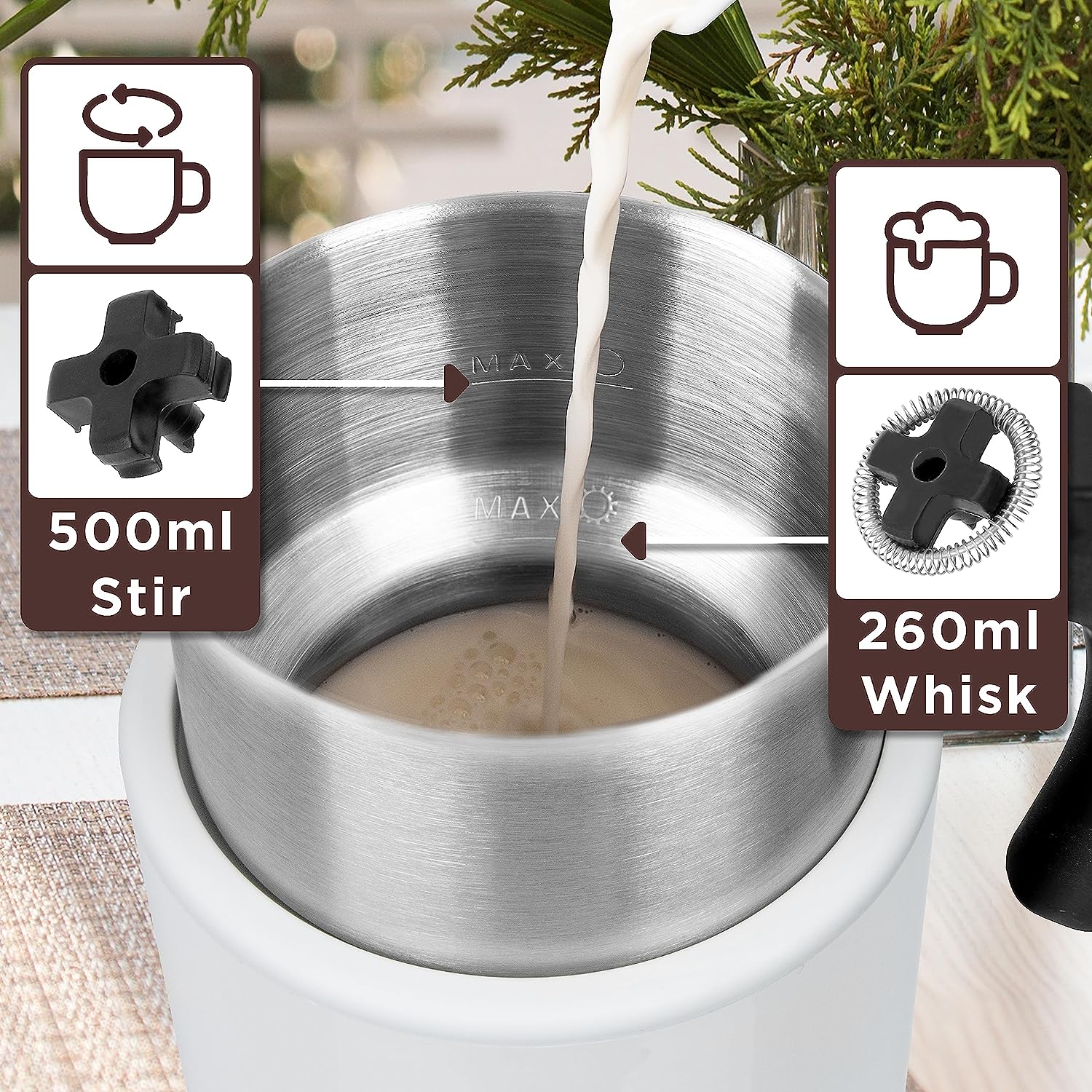 Duronic MF500 WE Montalatte Elettrico con Fruste Intercambiabili per Montare e Mescolare il Latte.