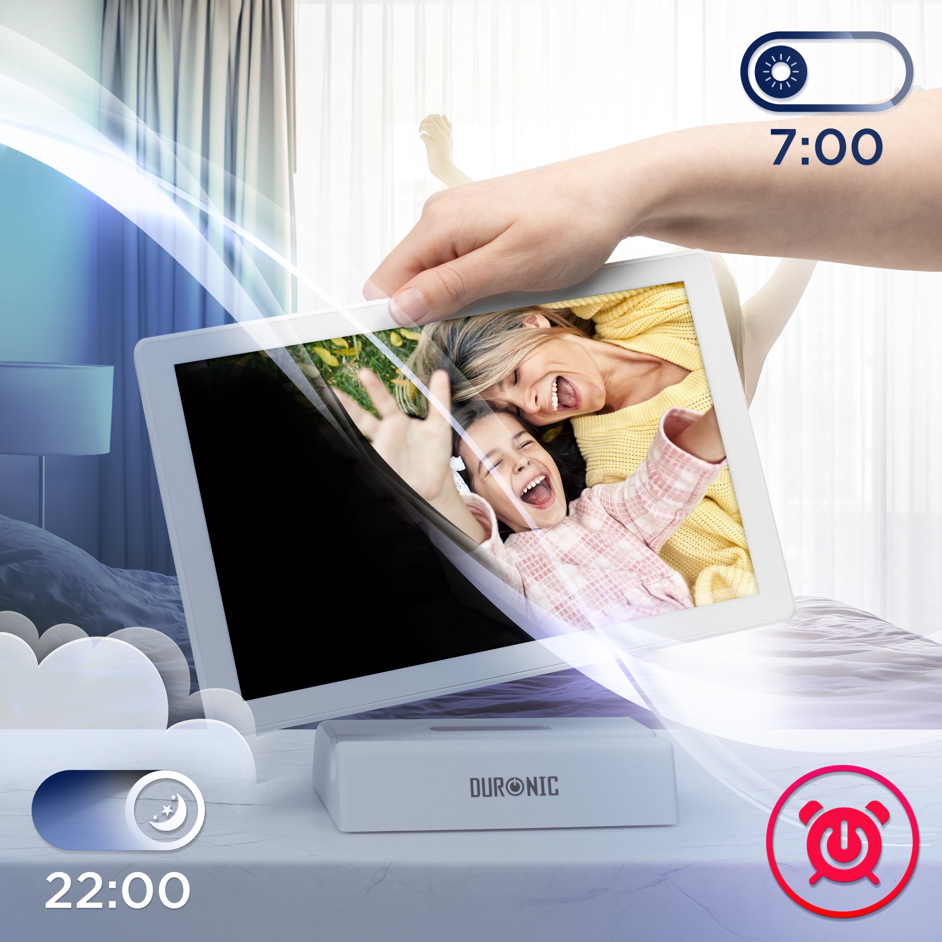 Duronic PF1D WE Cornice digitale con modalità Sleep per programmare accensione e spegnimento automatici.