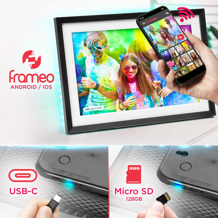 Duronic PF2A BK Cornice digitale WiFi compatibile con Android, iOS, USB-C e schede Micro SD per importare e condividere facilmente foto e video.