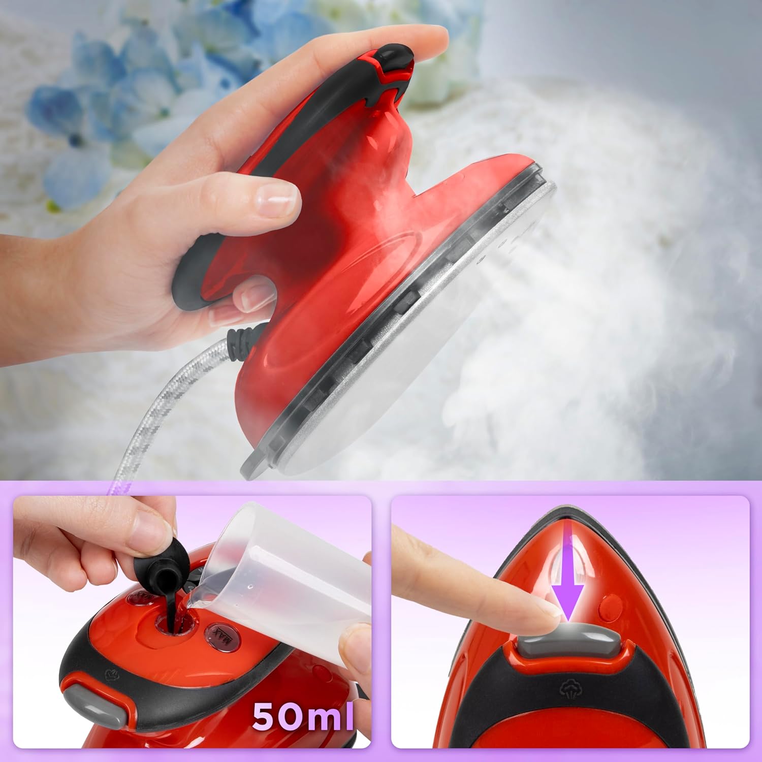 Duronic SI2 RD Mini Ferro da Stiro con capacità di 50 ml per un'emissione di vapore efficace e uniforme.