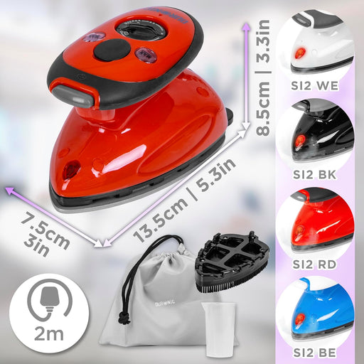Duronic SI2 RD Mini Ferro da Stiro con misure del prodotto, spazzola e accessori, disponibile in varie colorazioni.